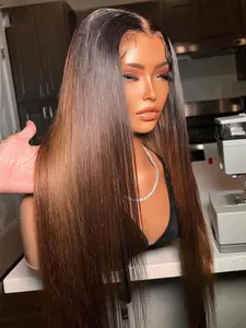 Ombre Brown Soft Long 30 Inch 180 Density Silky Straight  Front Lace Wig, Glueless Heat Resistant Synthetic Hair, Daily Wear Pre-plucked, Lace Frontal Wig