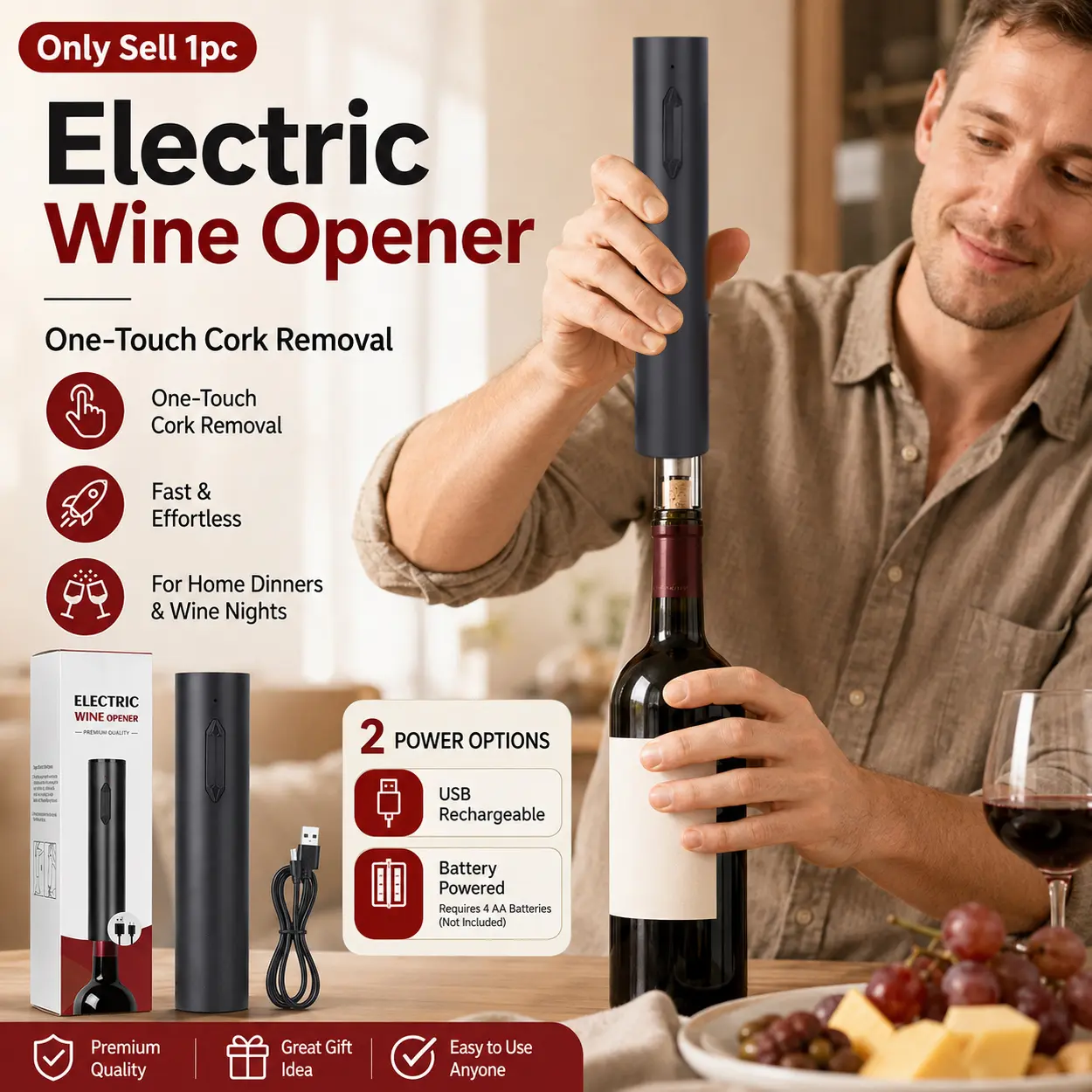 Electric Wine Opener, Automatic Wine Bottle Opener with One Touch Cork Removal, Portable Electric Corkscrew for Smooth Effortless Opening, USB Rechargeable & Battery Powered Options for Home Dinner, Wine Party, Wine Lovers Gift