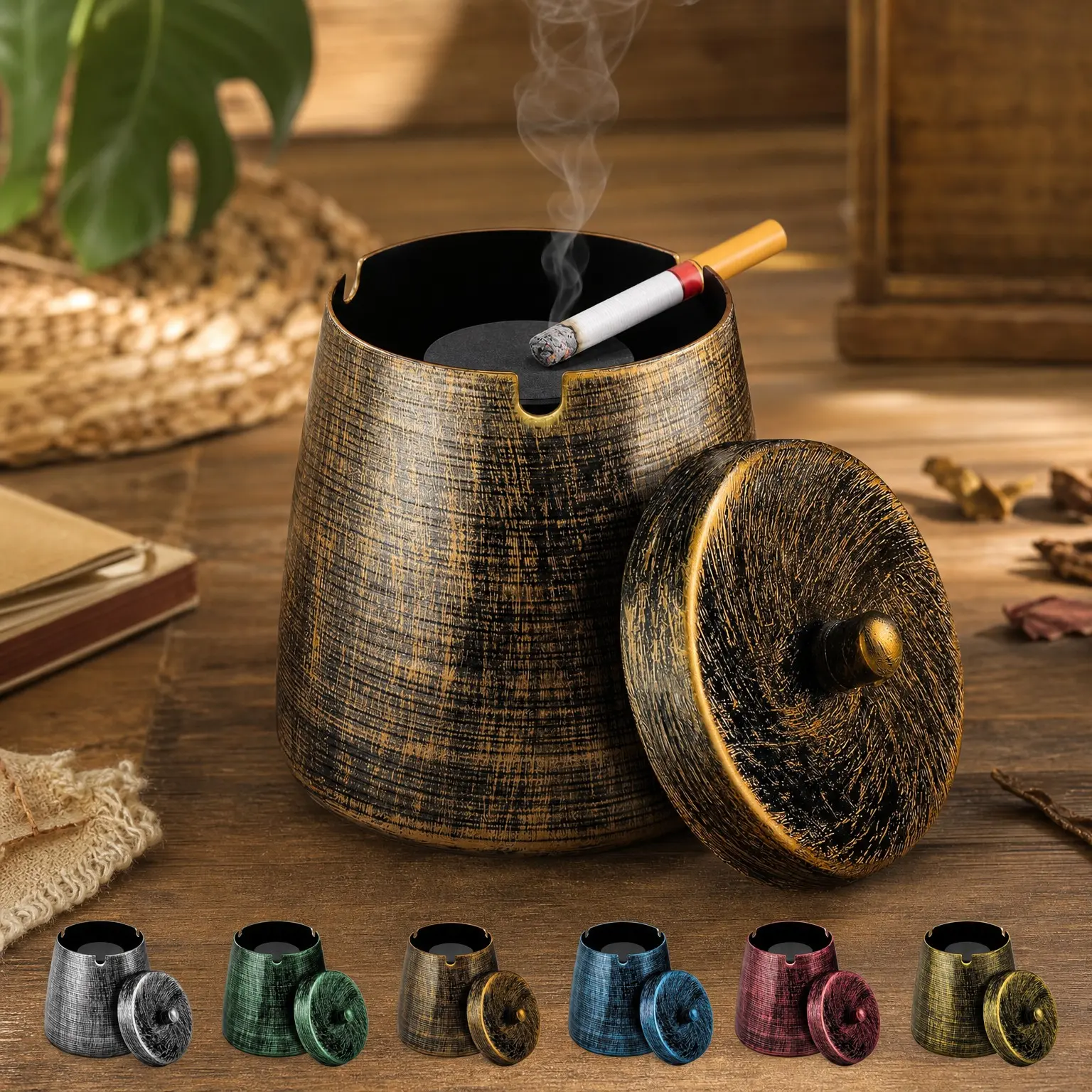 Bronze X-Large Metal Ashtray with Lid, Smokeless Outdoor & Indoor Cigarette Ashtray with 3 Holders, Patio Smoking Accessories, Home DécorGift