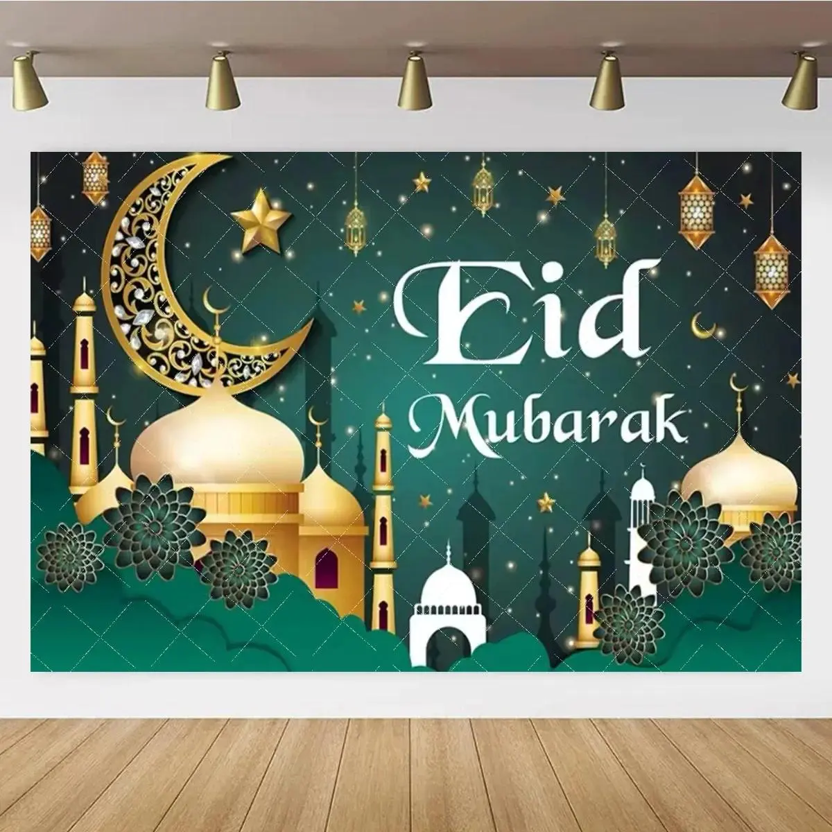 Islamic Ramadan Kareem Eid Mubarak Foldable Tapestry Wall Hanging - Premium Lightweight Soft Fabric Rectangular Home Decor, Playful Islamic Print, 160in x 70in Festive Room Backdrop for Engagement Parties, Mosque Photo Booth