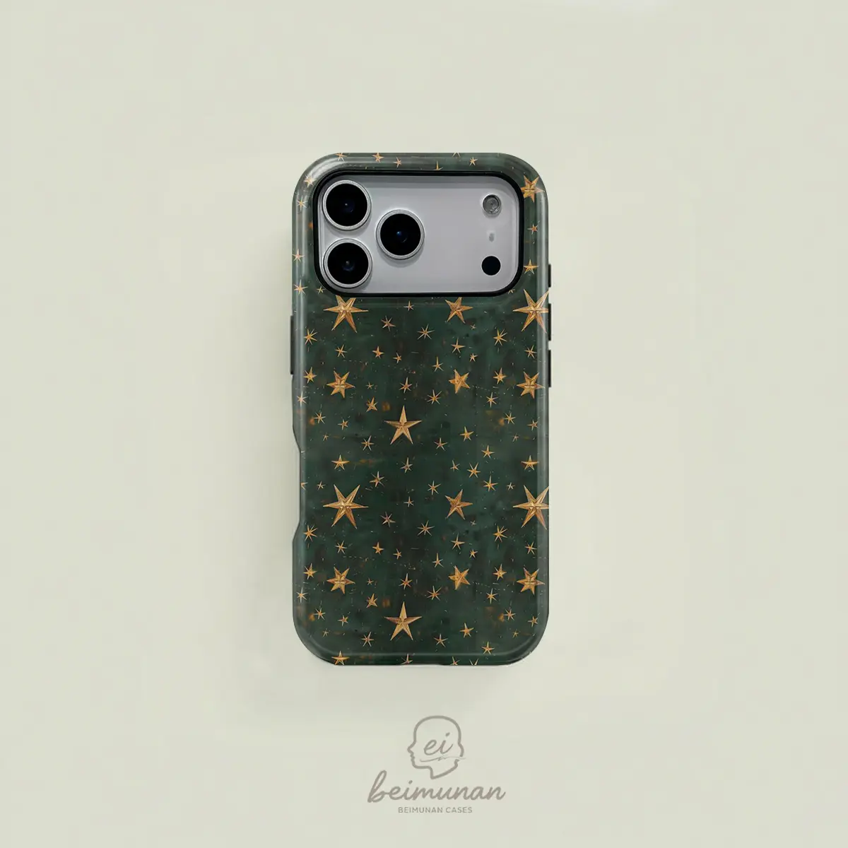Dark green retro-style trendy star pattern double-layer protective case, sturdy and durable 2-in-1 case, compatible with iPhone 17/16/15/14/13/12/11 Pro Max/Plus/Pro, and Samsung GalaxyS26/S25/S24/S23 /S22/S21Ultra/Plus series, simple and stylish.