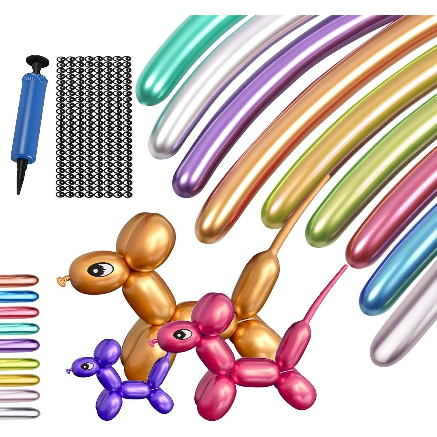 100PCS Latex Long Twisting Balloons Kit - Colorful Clown Balloons, Animals Making Supplies, Filling Pump, Animal Eye Stickers, Metallic & Chrome Mixed Colors for Birthday, Festival (Home & Festive Party Supplies)