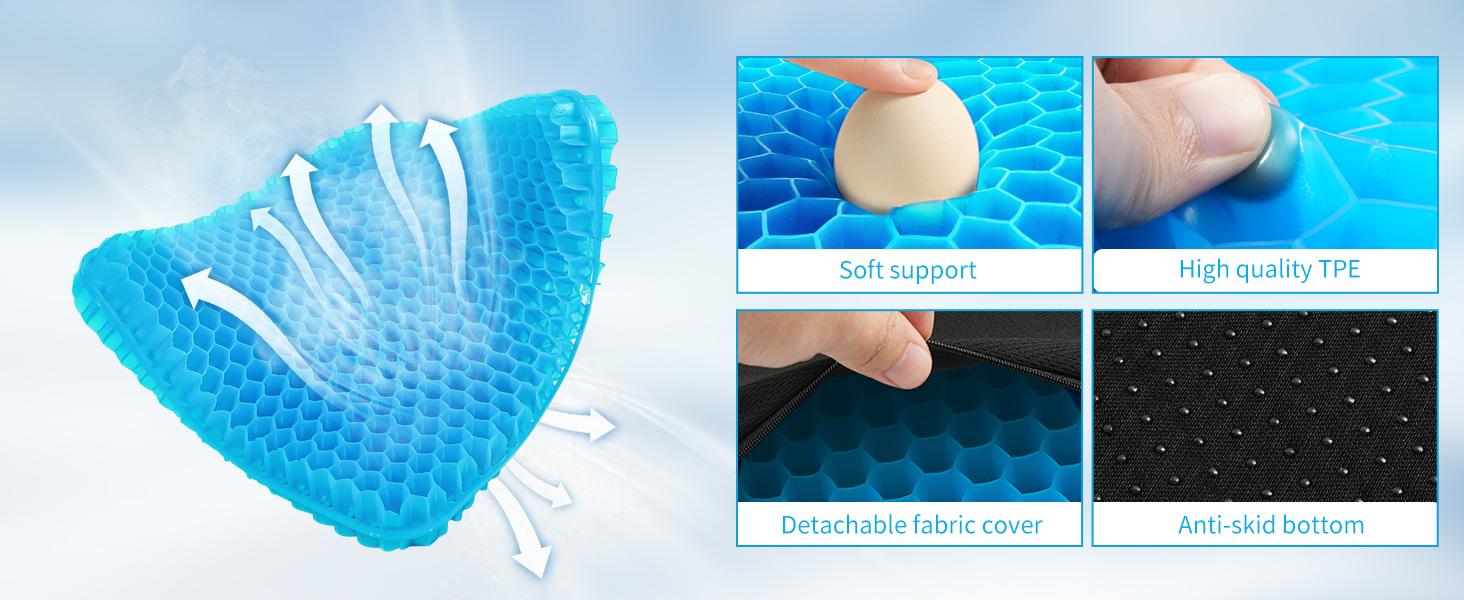 Gel Seat Cushion for Long Sitting - 16.5" x 14.5" x 2.4" (Thick&Soft) Gel Cushion for People Over 185 lbs, Pressure Relief Cushion for Office Chair, Egg for Wheelchair, Gel Pad for Car