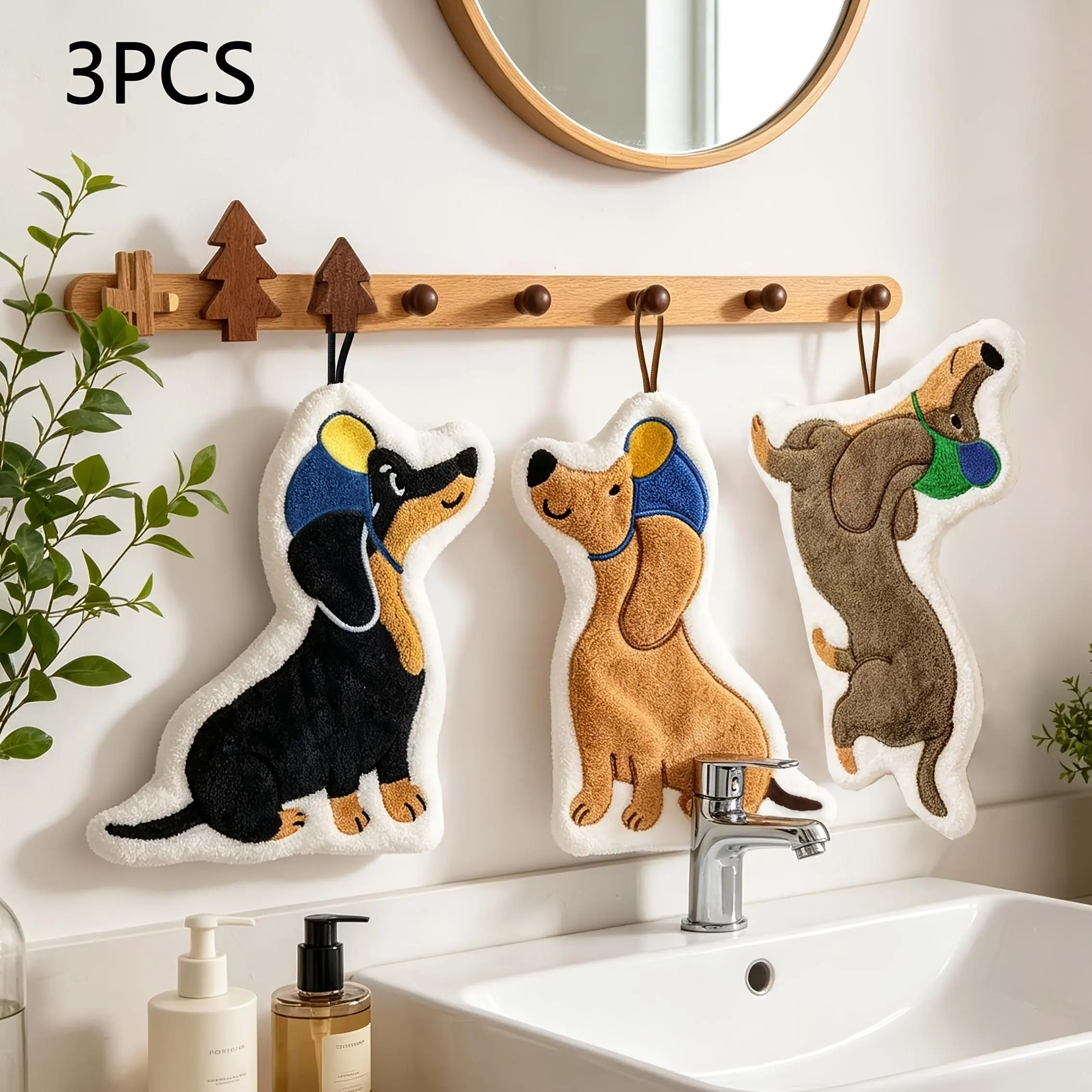 1pc/3pcs Set Creative Dachshund Bathroom Fingertip Towel, Coral Material, Cute Desktop Absorbent Hand Towel with Hanging Design, for Bathroom, Dining Room, Kitchen Hand Towel