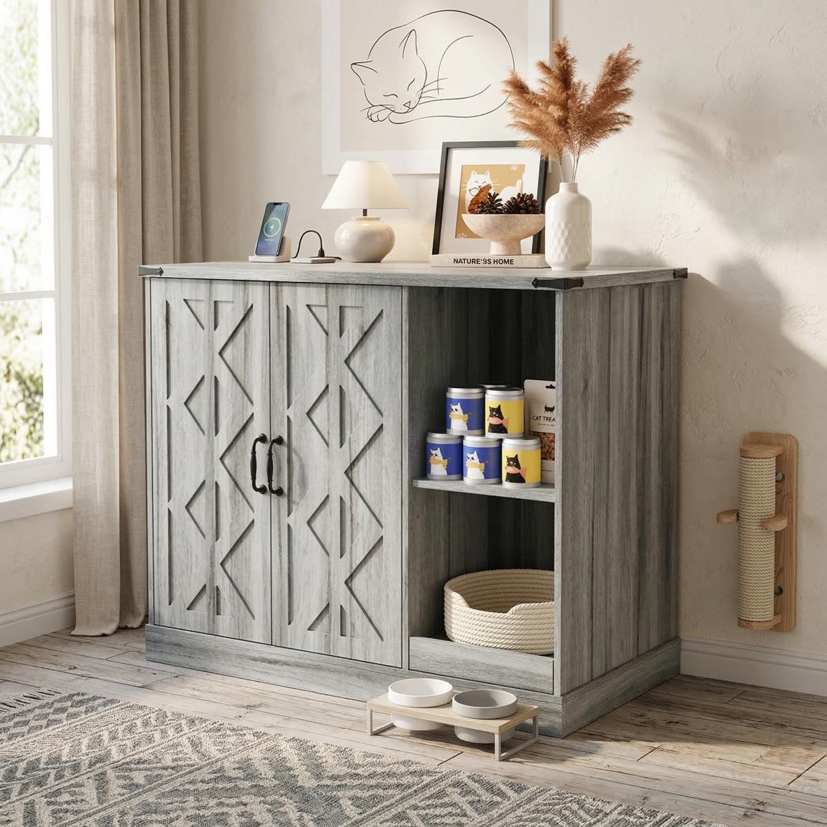 Cat Litter Box Cabinet with Power Outlet, Modern Litter Box Furniture for Large Automatic Litter Boxes, Hidden Litter Box Enclosure with Litter Catcher, Adjustable Storage Shelves, Gray