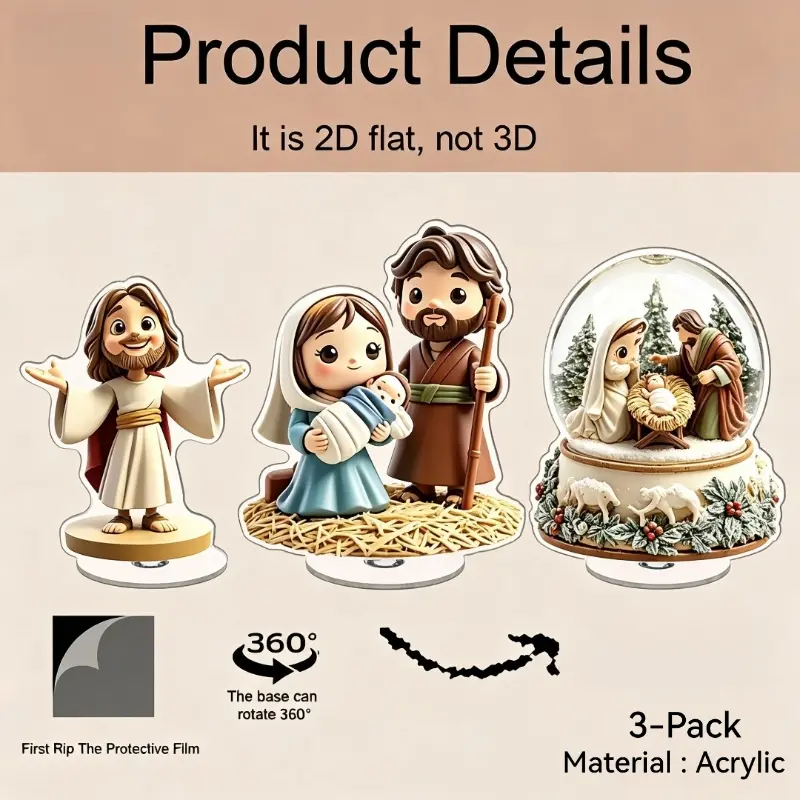 Chibi-Style Holy Family Nativity Acrylic Figurines (3-Pack) - 2D Flat Ornaments with 360-Degree Rotating Base, Tabletop Christmas Decor for Home & Office Holiday Gifts