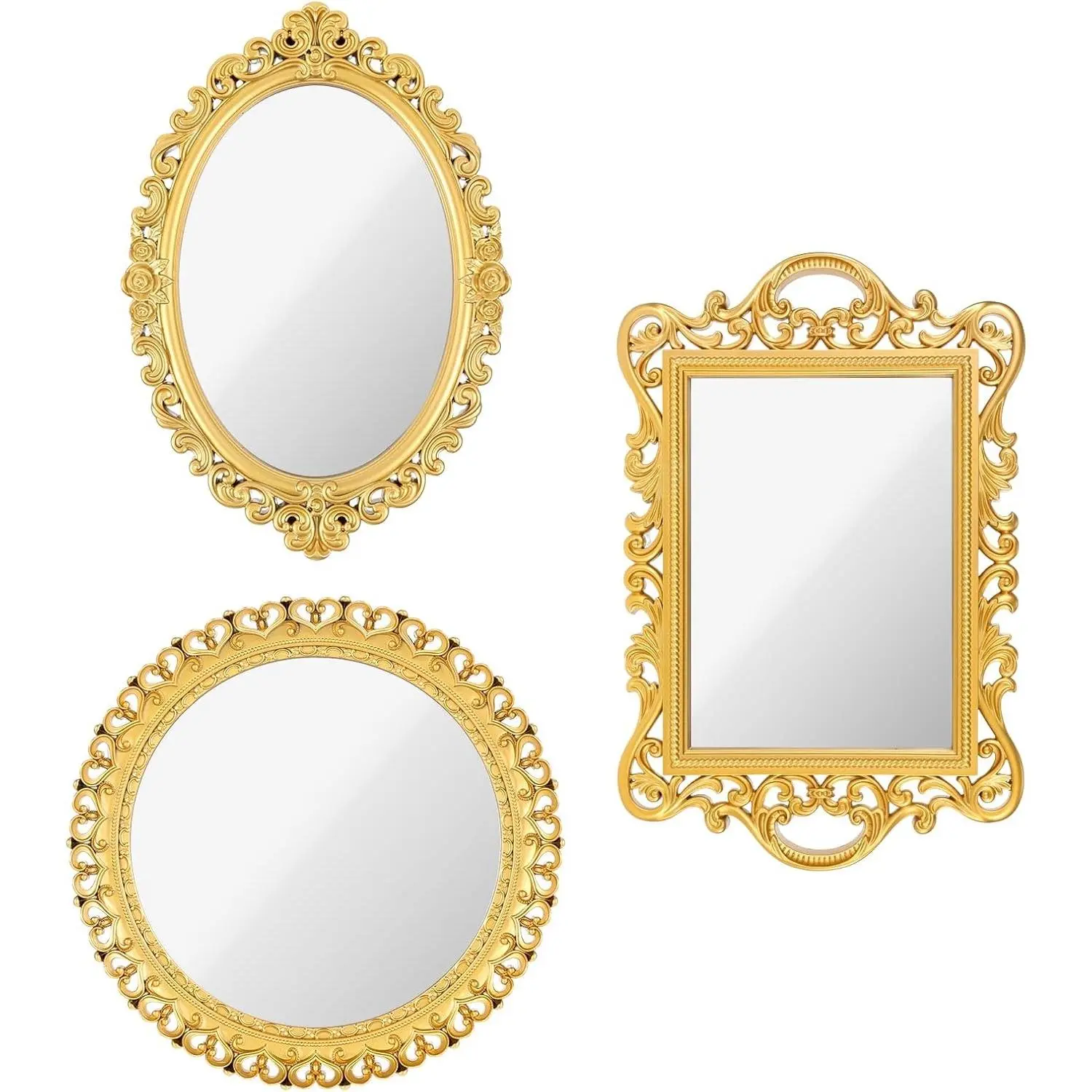 3 Styles Vintage Gold Mirror Set Decorative Antique Mirrors for Wall Hanging Vanity Table Mirrors with Stand Resin Frame Retro Mirror for Living Room, Bedroom, Dresser & Photography Decor