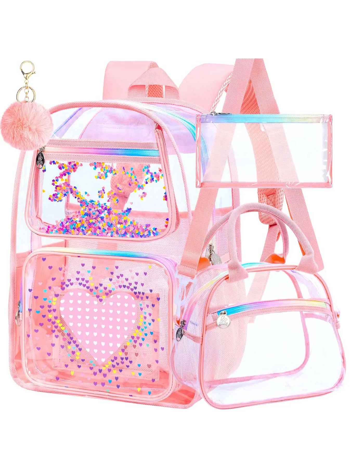 17-inch transparent girls' backpack, 3-piece transparent schoolbag strap lunch box, heavy-duty transparent PVC bag (pink)