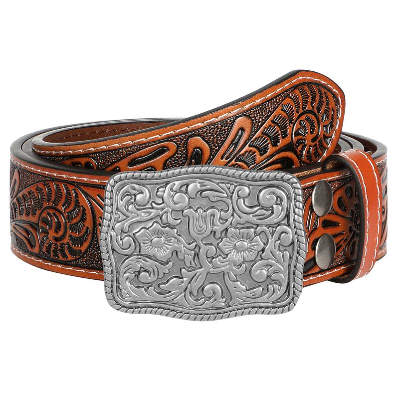 XZQTIVE Men's Western-Style Belt: Crafted from Embossed & Engraved Leather, featuring a sturdy buckle.  Perfect for jeans & pants, showcasing a rugged cowboy or rodeo vibe.  Adding a touch of masculinity to your everyday or special occasion outfits.