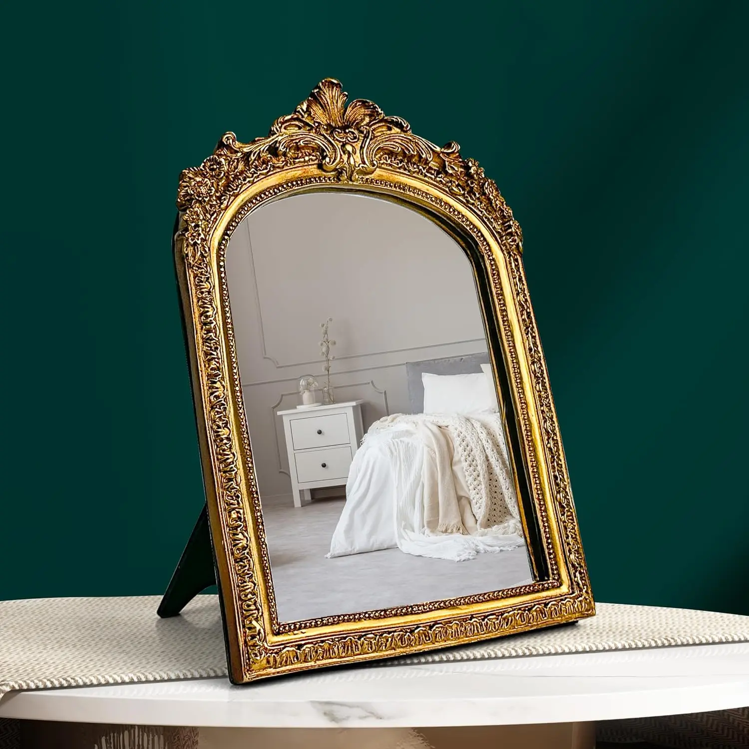 97 Decor Gold Vintage Wall Mirror - Small Gold Mirror for Tabletop and Wall Mounting, Antique Arch Frames for Desk, Small Decorative Mirrors Frame for Home Bedroom, Makeup Room Decor (10x6.8 Inch)