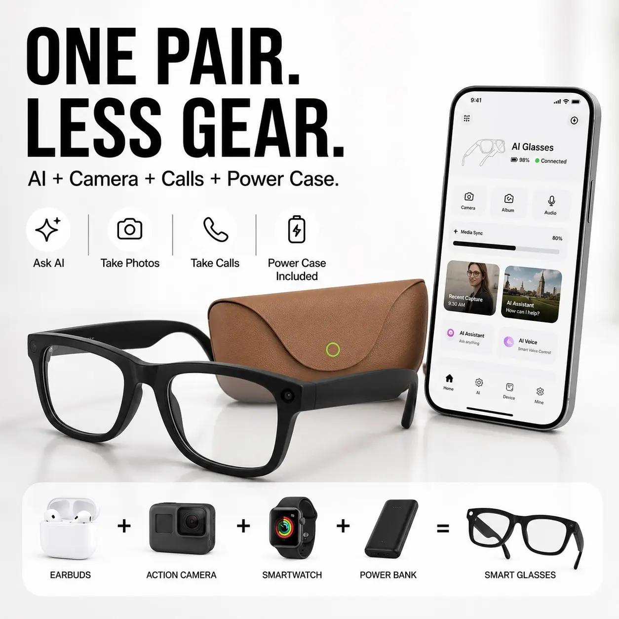 AI Smart Glasses 2026 – Wireless Smart Glasses, Smart Glasses Camera, 8MP HD, 1080P Stabilized, Real-Time Translation, Voice Control, Bluetooth Call, Charging Case | Travel Outdoor Wearable Tech