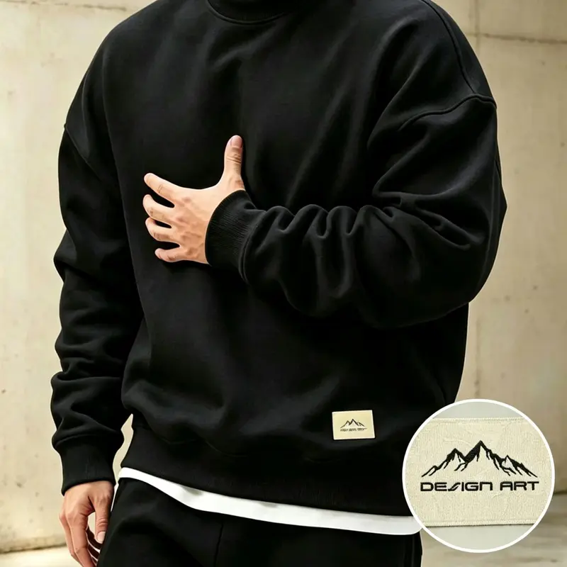 Large Size Men's Solid Color Round Neck Sweatshirt, Minimalist Mountain Badge Design, Loose Fit Long Sleeve, Outdoor Casual Streetwear, Relaxed Fit Sweatshirt