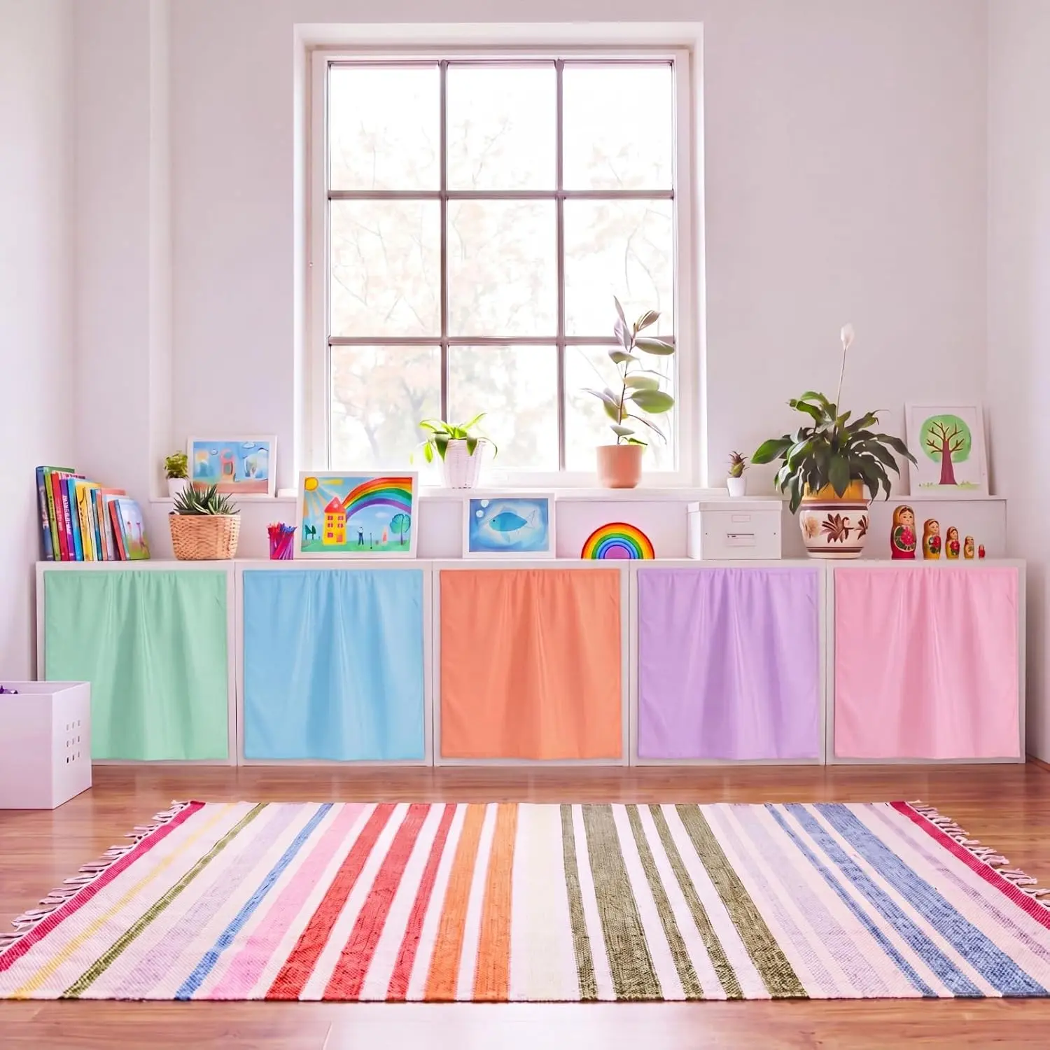 6 Pcs Classroom Cabinet Curtains for Shelves 24 x 24 Inches Rainbow Back to School Self Adhesive Curtain for Bookshelf Classroom Decorations Kindergarten Daycare(Classic,Pastel)