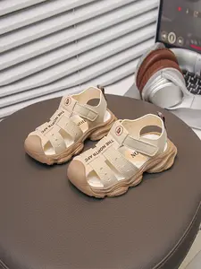 Closed-Toe Casual Sandals, Retro Korean Style, Velcro Closure, Toe Protection, Anti-Slip Sole, Breathable Mesh, Ages 1-5