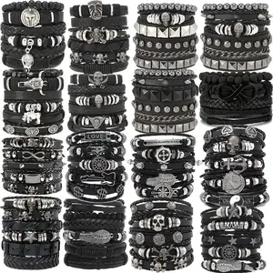 Unisex 22Pcs Black and Brown Wooden Beads-PU Leather Handmade Braided Look Bracelet Set with Synthetic Stone, Everyday Wear Halloween Christmas Gift