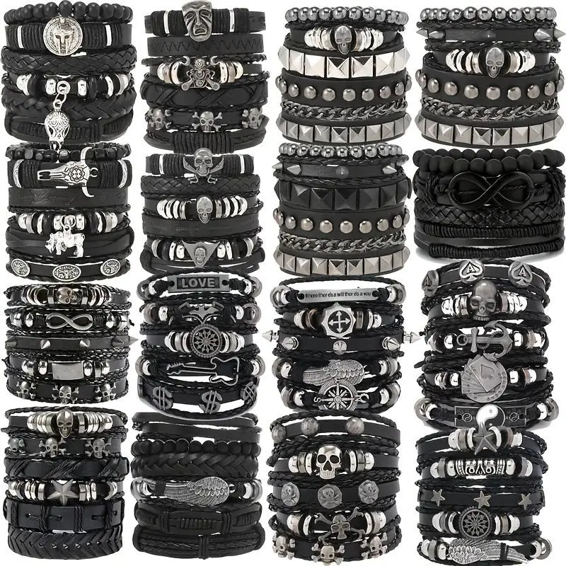 22-Piece Handmade Bracelet Set, Casual Unisex Matching Pairs with Braided PU Leather and Wooden Beads, Stackable April Birthstone Jewelry
