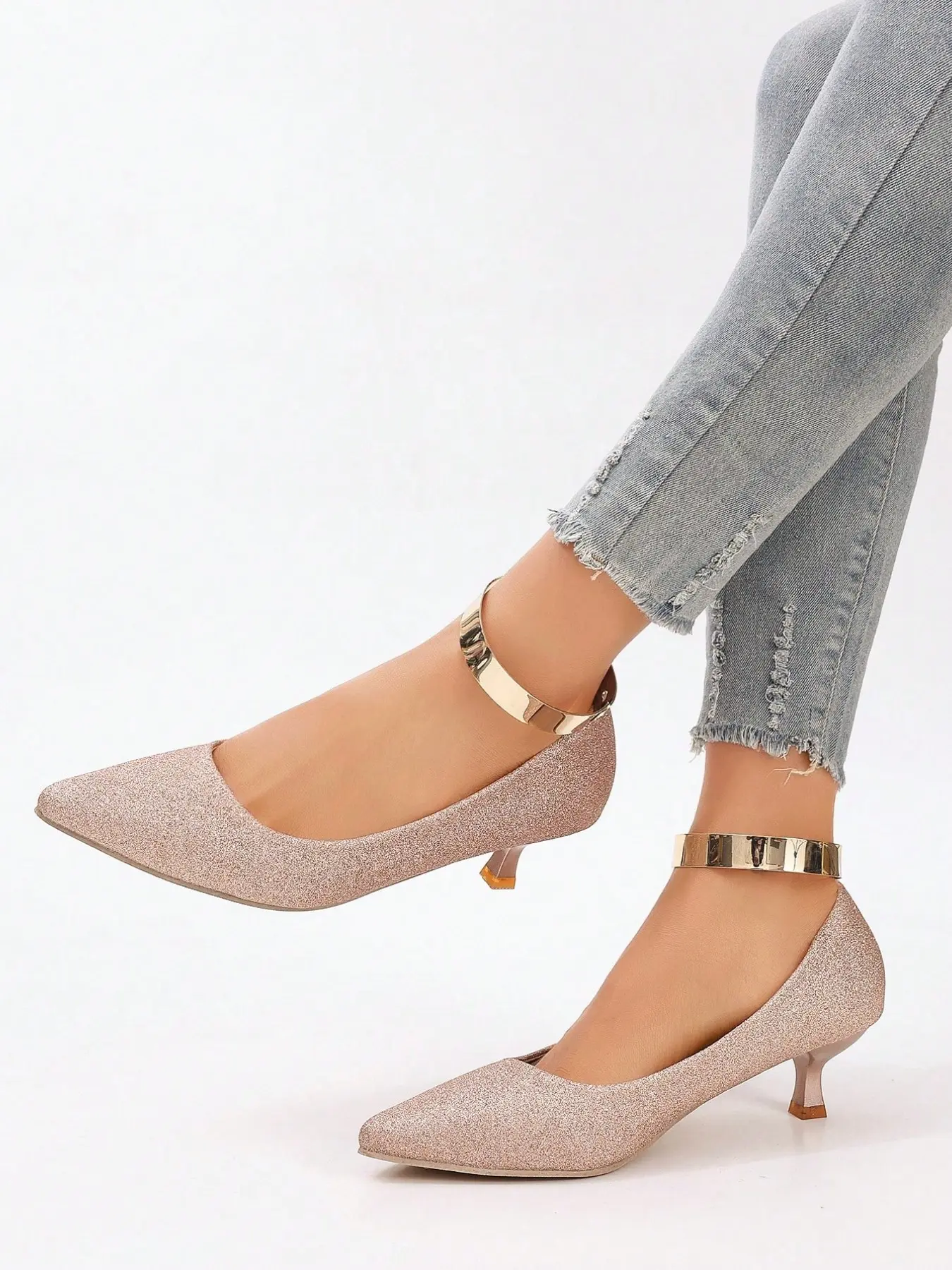 Champagne Glitter Pointed Toe Kitten Heels, Wide Gold Metal Ankle Cuff Strap Elegant Wedding Guest Formal Shoes, Elegant Party Shoes