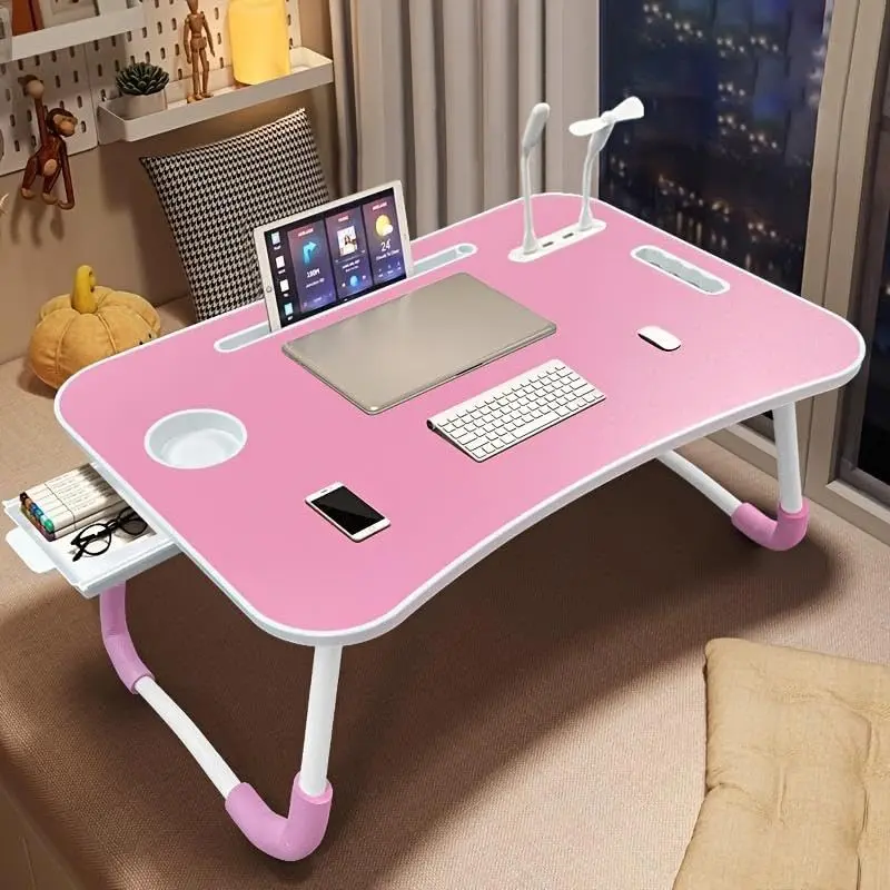Portable Laptop Desk, Pink Foldable Bed Table with Cup Holder, LED Lights, Storage Drawer, Multi-Purpose Workstation for Working, Reading, Entertainment