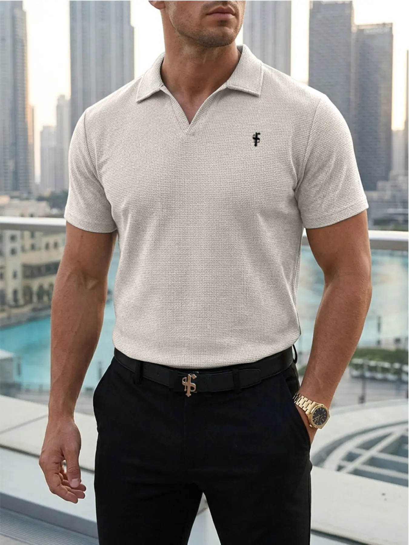 Men's Textured Waffle Short Sleeve Polo Shirt, Buttonless V-Neck Turnover Business Casual T-Shirt, Commuter Multi-Color Top!