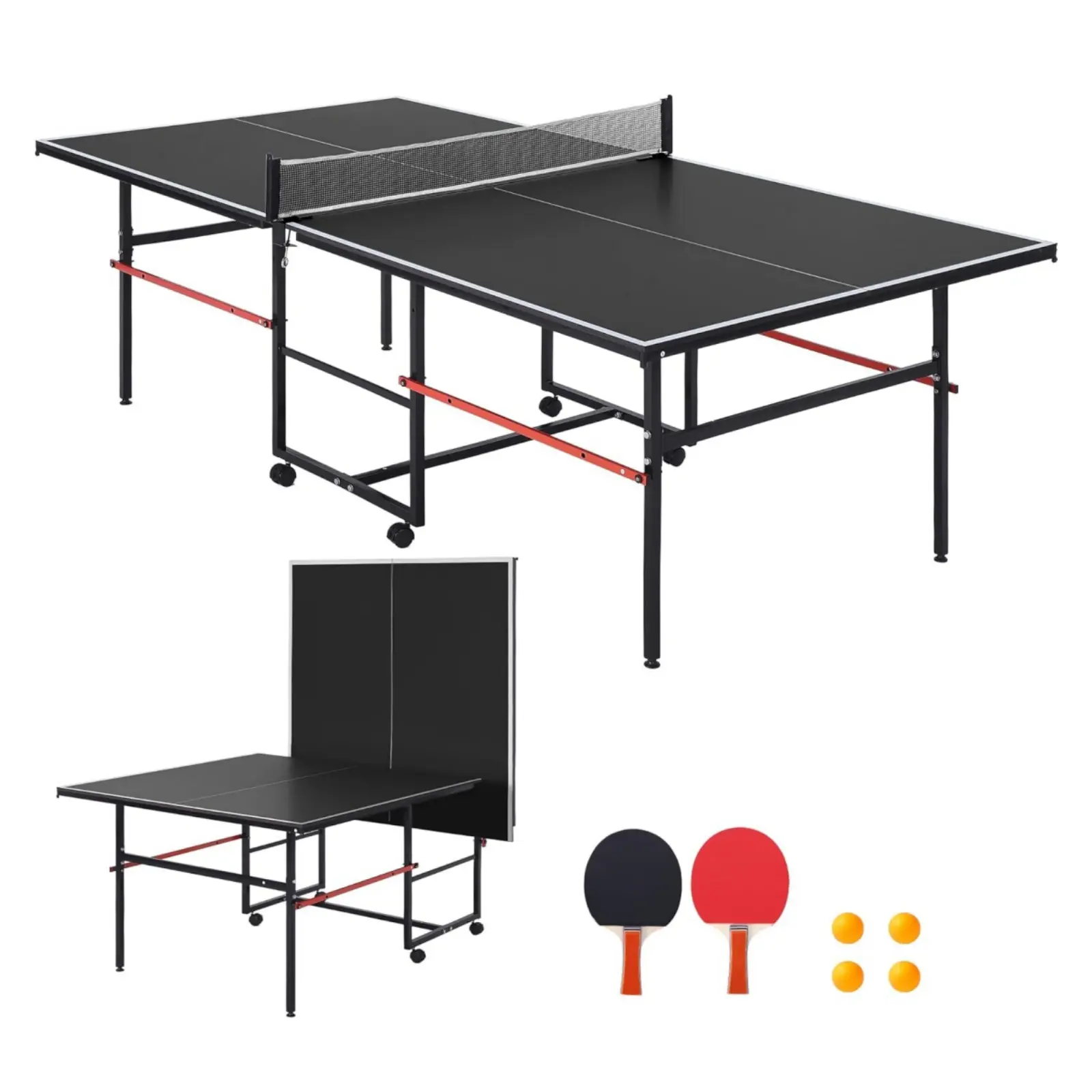 8 ft Portable Ping Pong Table, Foldable Indoor Outdoor Table Tennis Set with Net, 2 Paddles and 3 Balls, Professional Game for Adults Teens, Quick Assembly, Single Player Playback Mode, Black