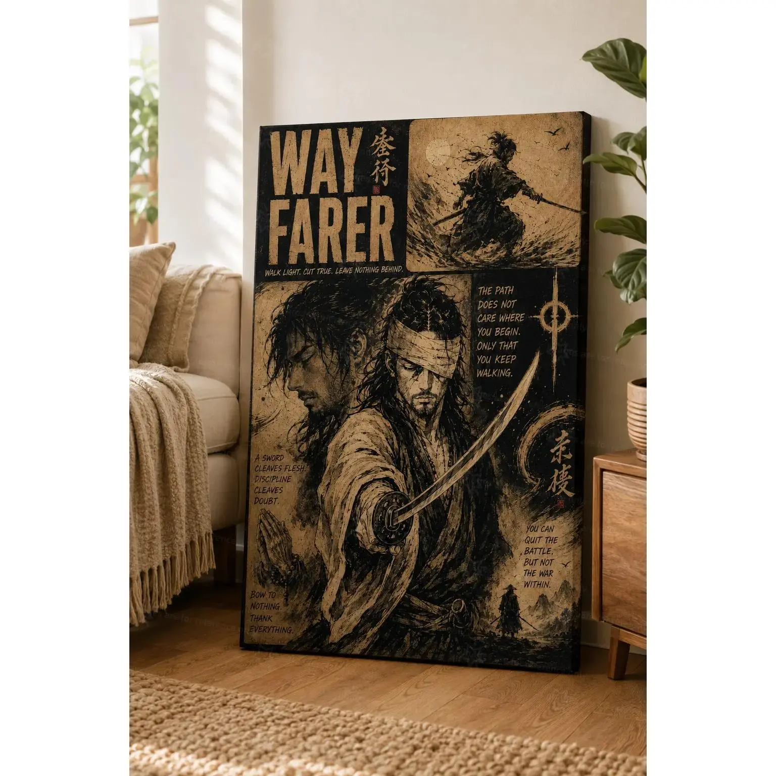 Vintage Samurai Wayfarer Motivational Poster, Retro Manga Style Bushido Quote Wall Decor, Warrior Art For Bedroom Office Study Living Room Home Decor