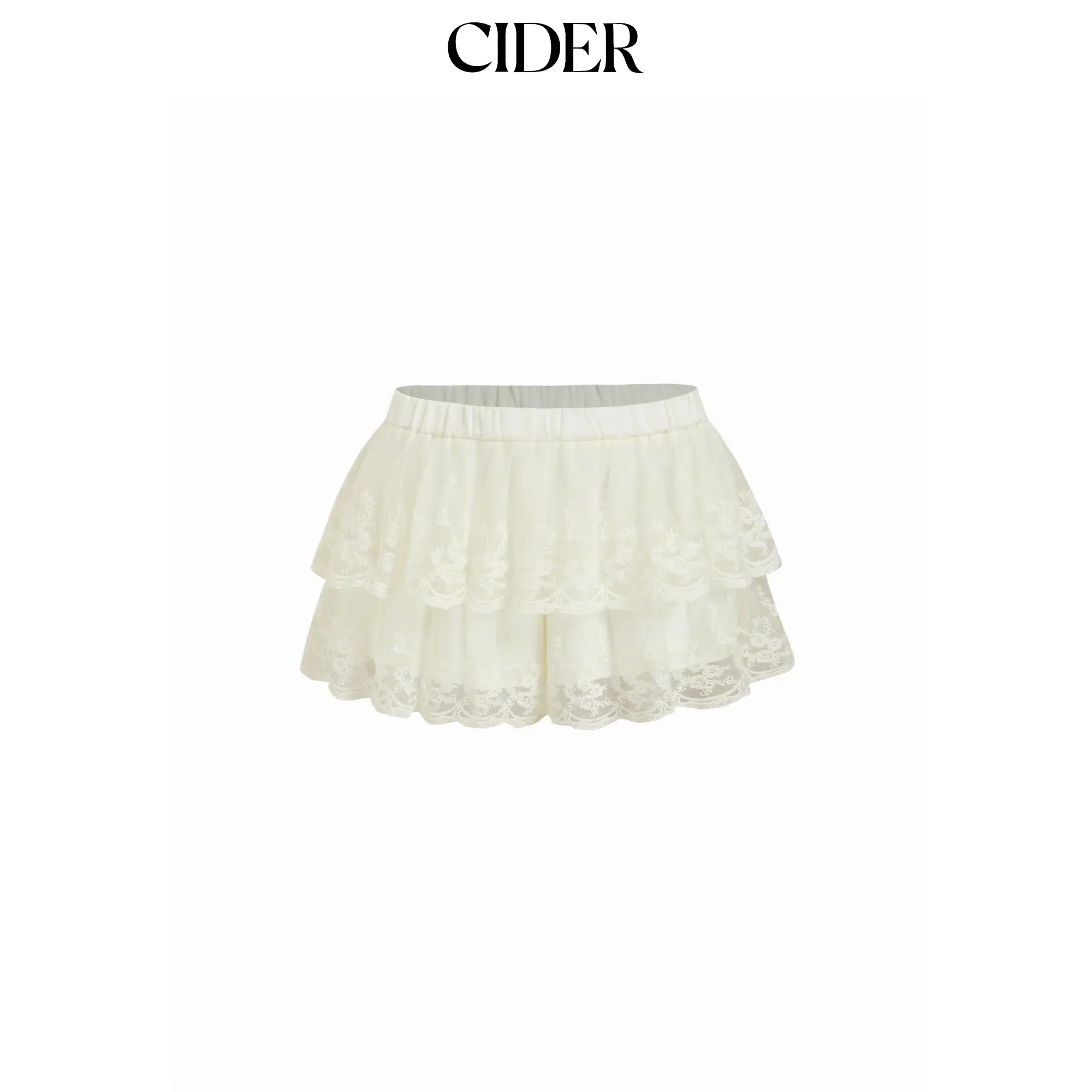 Cider Mesh Mid Rise Lace Tiered Mini Skirt