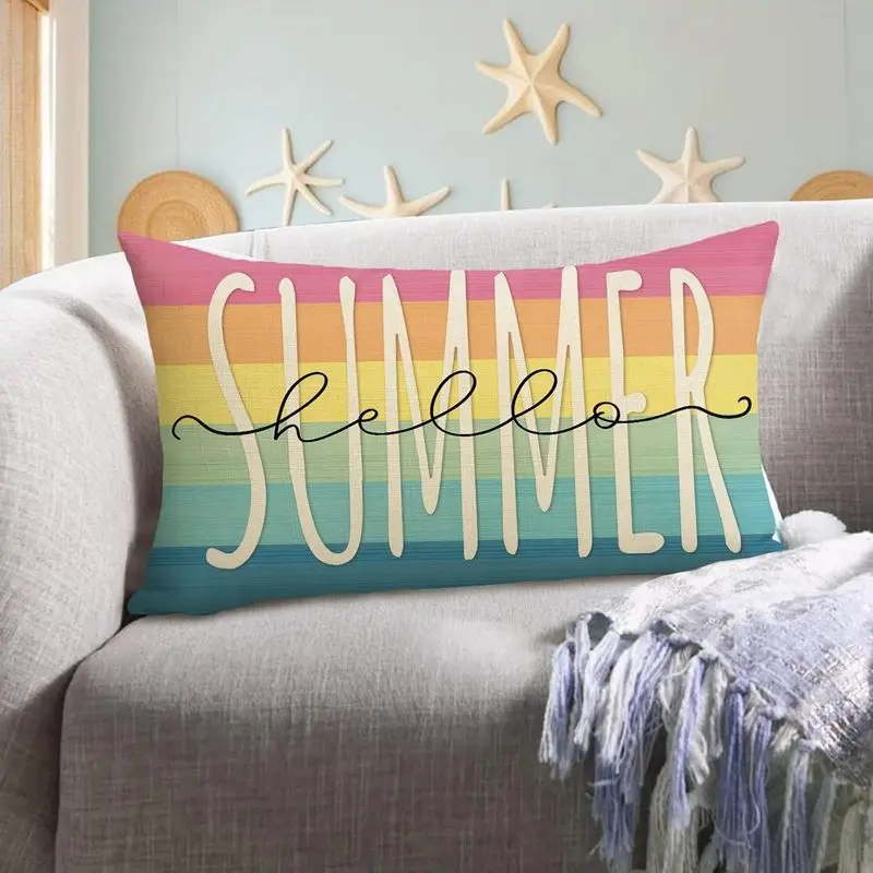 1pc Hello Summer Summer Decorative Throw Pillow Cover, Rainbow Stripe Cushion Cover Decoration, Seasonal Home Sofa Decorative Pillow Cover, 12 x 20 Inch, Sofa Bedroom Outdoor Car Decor, No Pillow CoreDouble-sided printing design