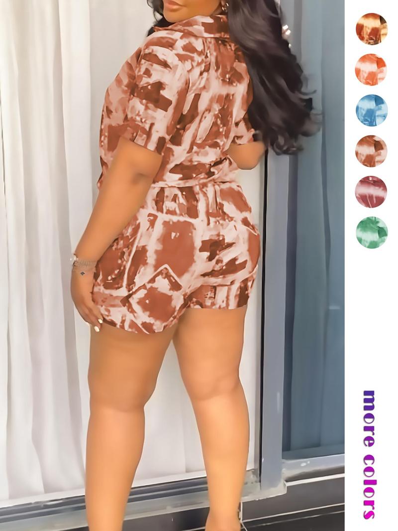 Two-piece Set Women's All Over Print Short Sleeve Shirt & Shorts, Casual Button Up Top & Shorts for Daily Wear, Ladies Summer Clothes, Fashion Clothes Set