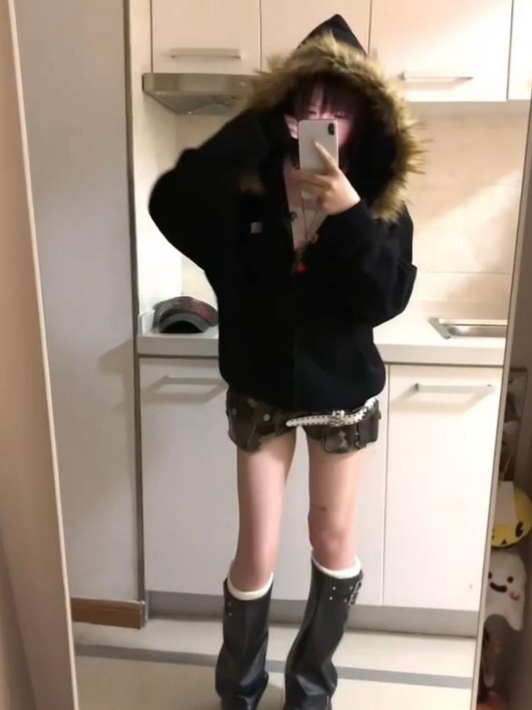 Harajuku Casual Fur Patchwork Hooded Hoodies 2025 Women Y2k Aesthetic Loose Pocket Streetwear Coats Grunge Zipper Sweatshirts