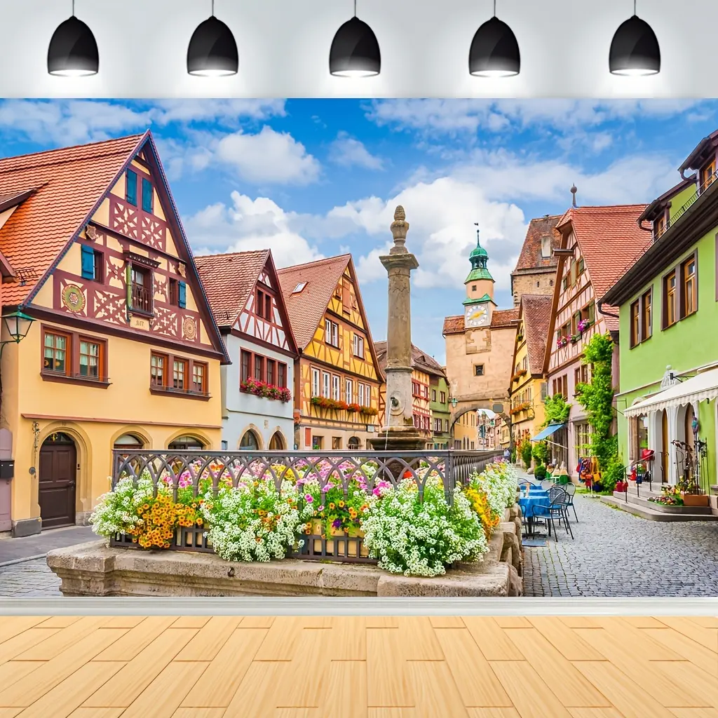 Bavarian Street Scenery Oktoberfest Backdrop Banner with Festival Sign Design - Lightweight Hanging Home Decor Tapestry for Photo Booths, Party Decor, Wedding, Room Accent, Gift, Wall
