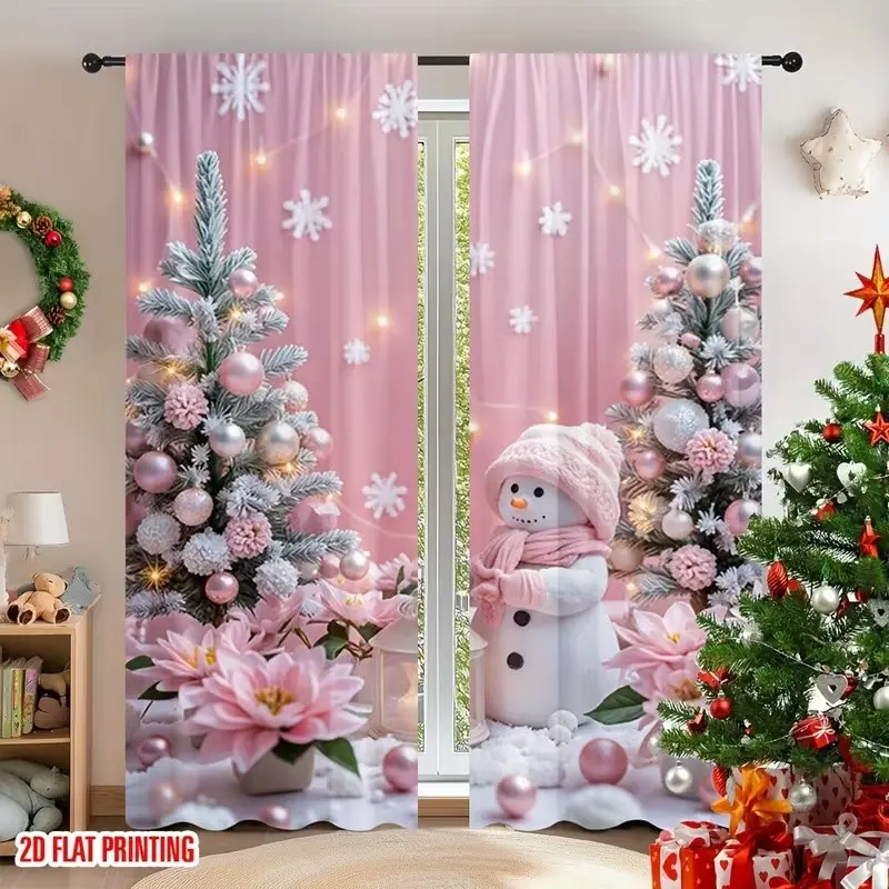 2-Pack Christmas Tree Snowman Curtains, Light Filtering, Living Room Bedroom Kitchen Decor, Privacy Sunshade, Semi-Transparent Rod Pocket Design