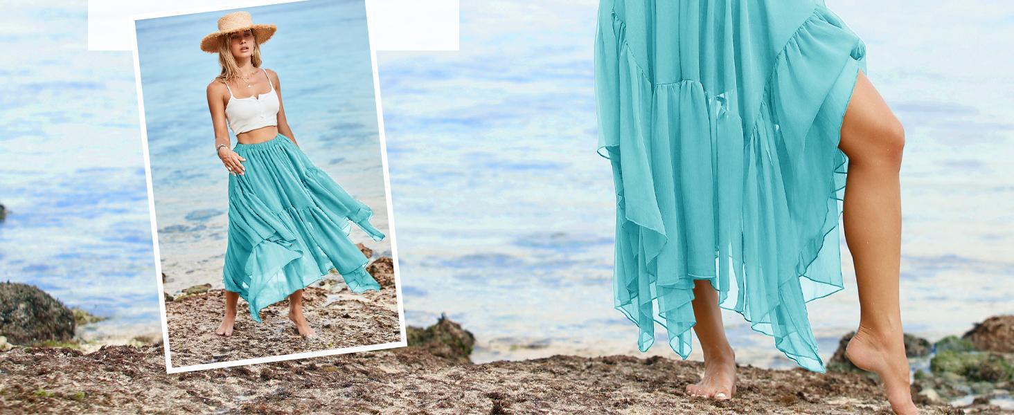 Imily Bela Womens Summer Sexy Elegant Boho Maxi Skirt Casual Asymmetric Hem Flowy Bohemia Vacation Beach Long Skirts