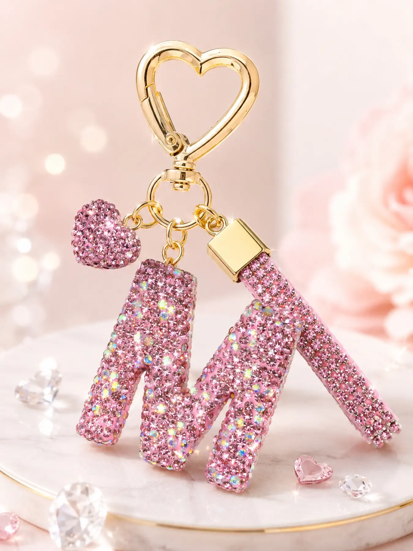 Elegant Rhinestone Letter Keychain, Heart Loop, Women's Daily Accessory, Backpack Car Decor, Valentine's Day Gift