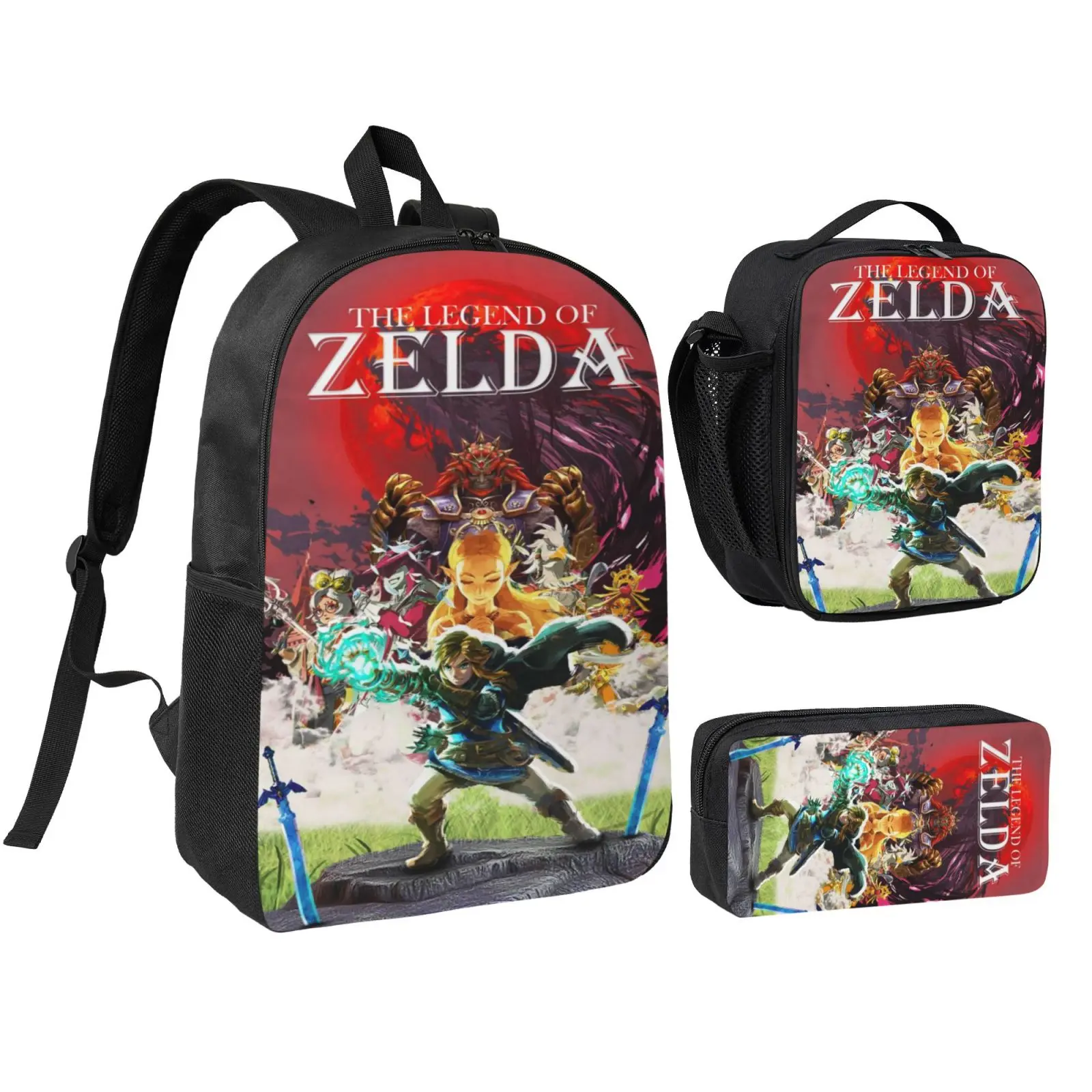 Anime Zelda3 Kids 3Pcs Multipurpose Teen Backpack Set with Adjustable Shoulder Straps, School Bookbag, Insulated Lunch Box & Pencil Bag for Boys Girls Daily School Travel Office