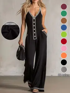 Plus Size Women Jumpsuit, Pocket Design, 10 Colors Available, Casual Home Wear, Deep V Neck, Button Front, Slimming Effect, Essential for Daily Use