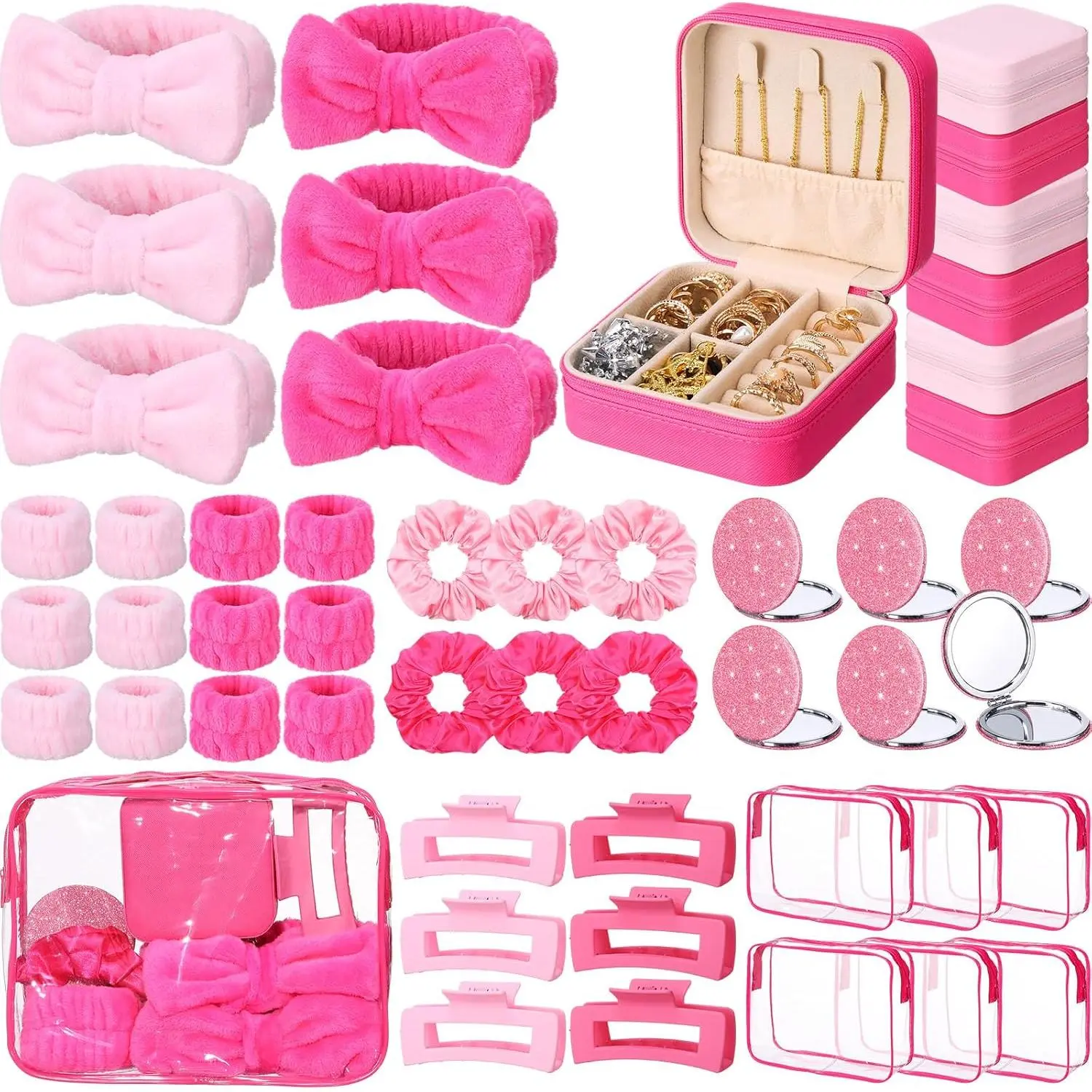 48 count Sleepover Party Supplies Kit Bridesmaid Proposal Gifts Slumber Birthday  Party Favors Bow Headband Scrunchies  Case Makeup Bag Mirror for Gifts ( and Rose Red)