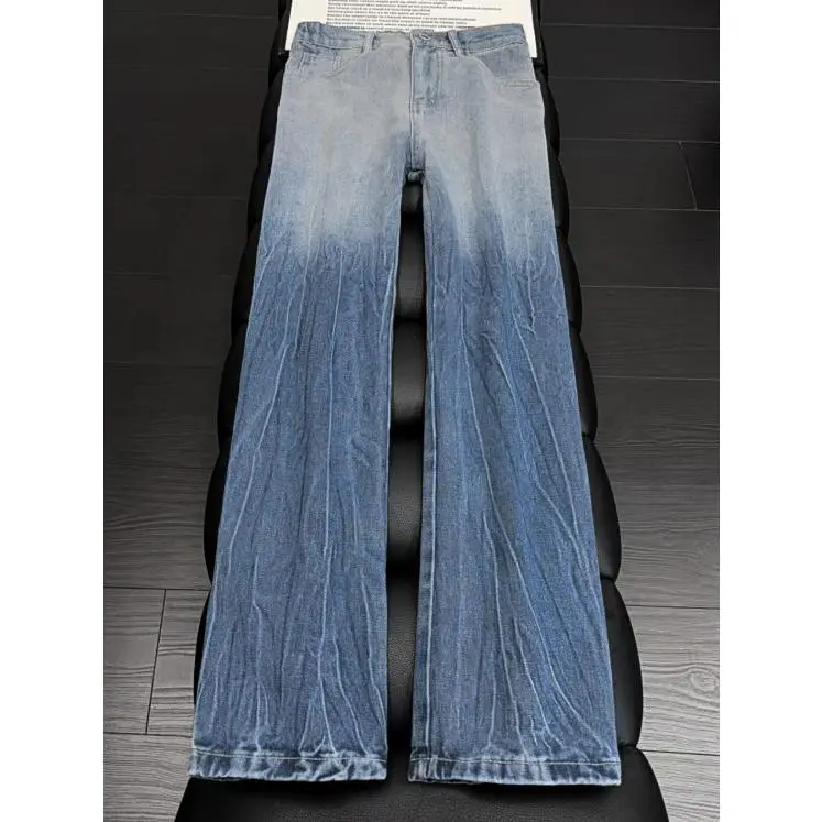 Lightning Pattern Men'S Jeans, American High Street Style, New Men'S Slim-Fit Flared Pants, Gradient Tie-Dye Water Ripple Flared Jeans For Men, Vintage Wrinkled Distressed Loose Bell-Bottom Denim Pants #   SummerWins