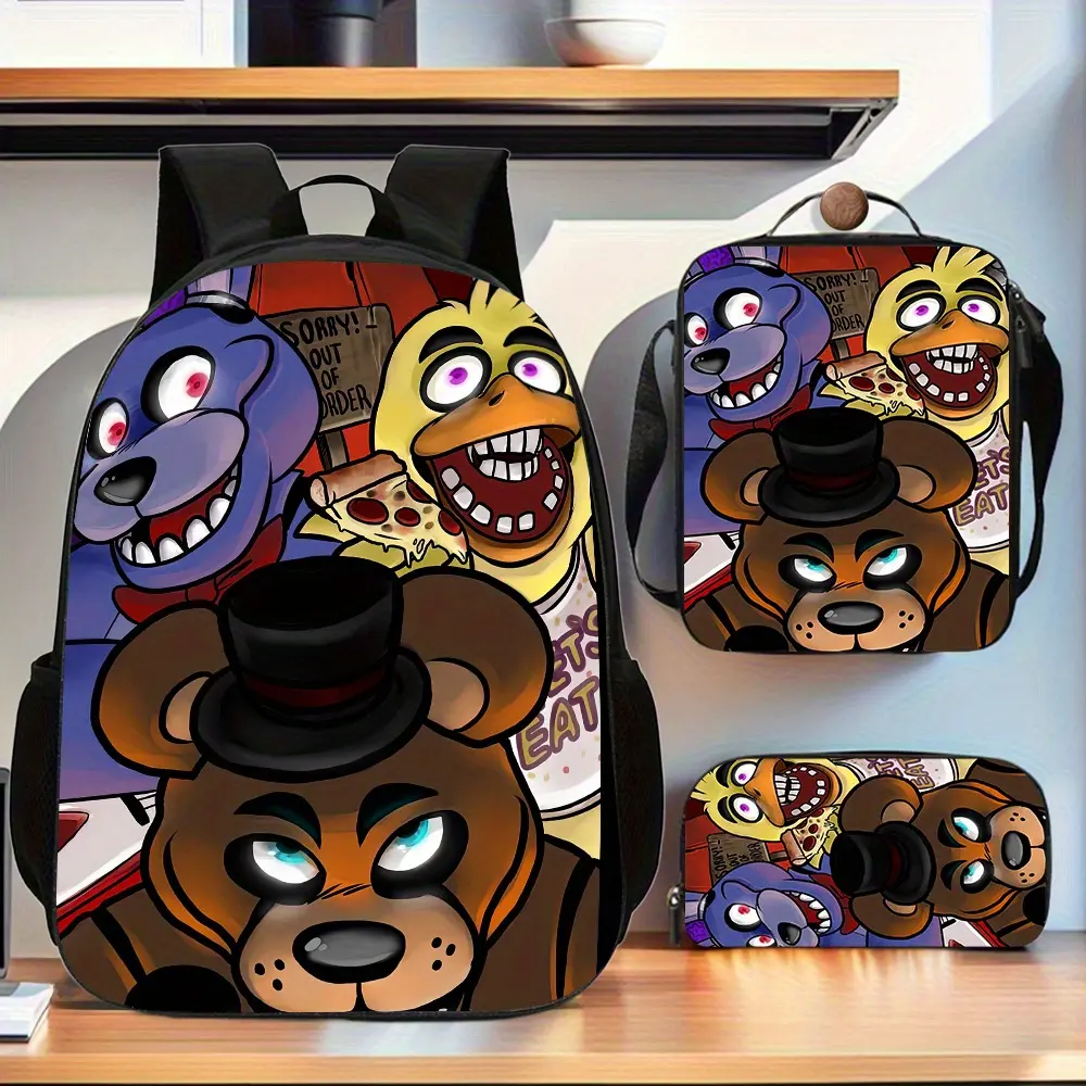 3-Piece Kids Water Resistant Backpack Set, Five Nights at Freddy's Freddy Bonnie Chica Pizza Shop Cartoon Group Print School Kit Backpack Lunch Bag Pencil Case 600D Oxford for Horror Game Fan Boys Girls Elementary Daily Use