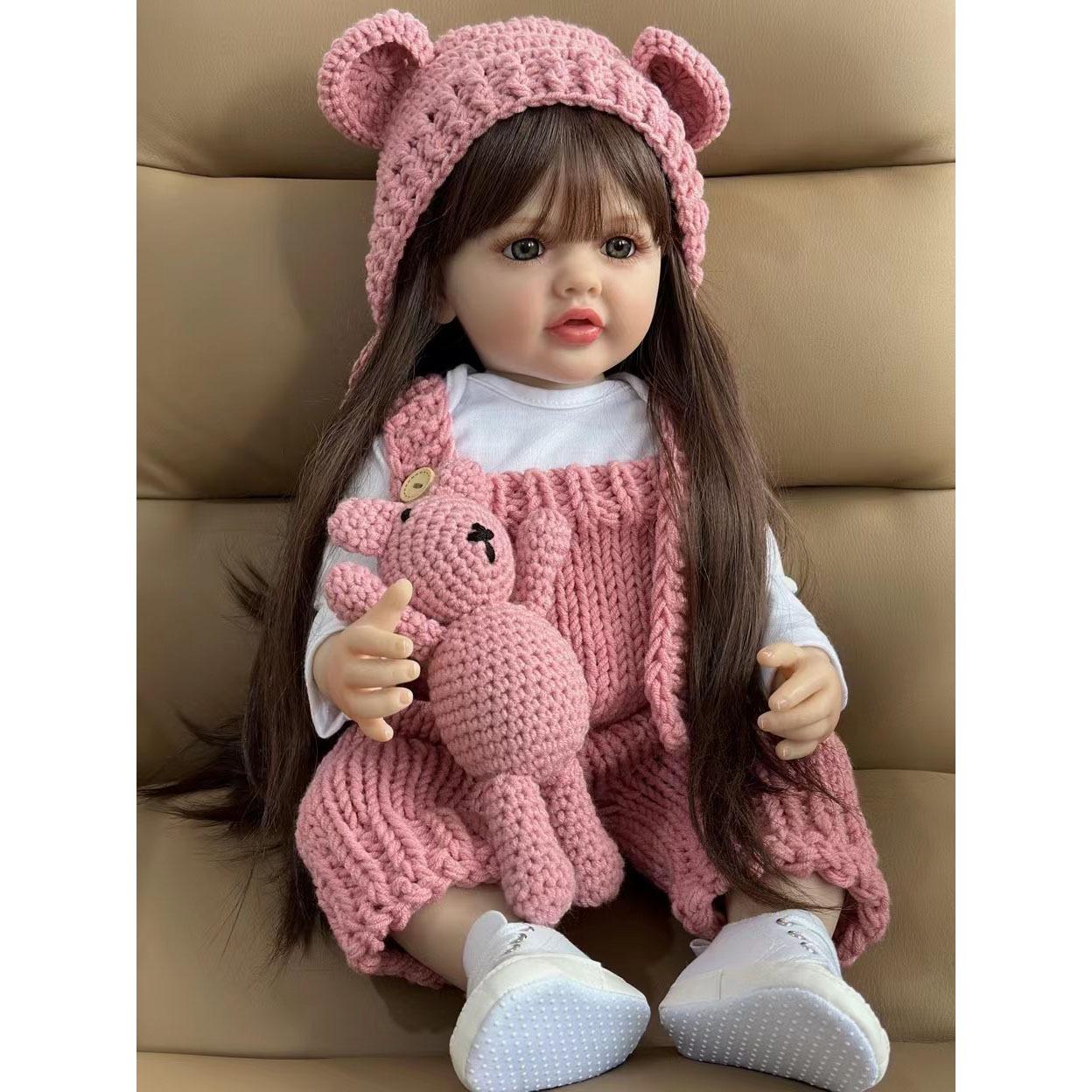 22inch Silicone Reborn Baby Doll, Lovable Lifelike Princess Newborn Bebe Toddler Girl, Lovely Birthday Gift Toy with Long Brown Hair, Dress Up Doll