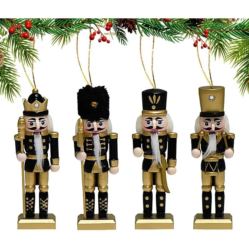 Wooden Nutcracker Pendant, Set of Four Black and Gold Soldier Design, Christmas Ornaments. Photography Props. Indoor and Outdoor Festive Nutcracker Decorations. Suitable for hanging on mantelpieces, windowsills, doors, walls and Christmas trees.