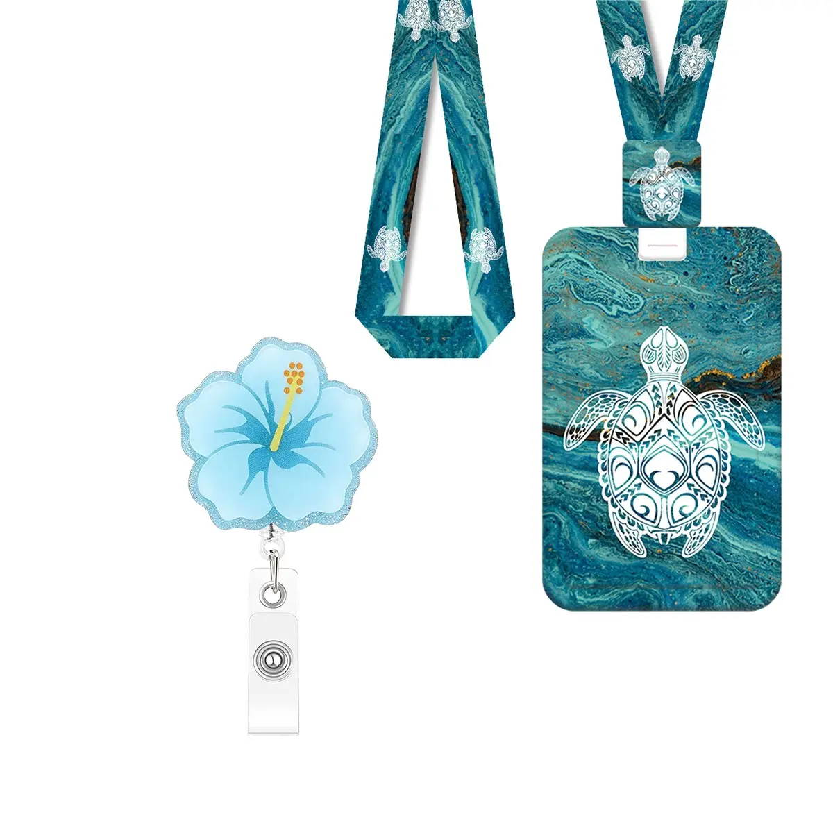 Blue Flower ID Badge Clip Set, Adjustable Badge Reel, Nurse Name Tag Holder, Rotating Badge Stand, Office Gift for Medical Staff