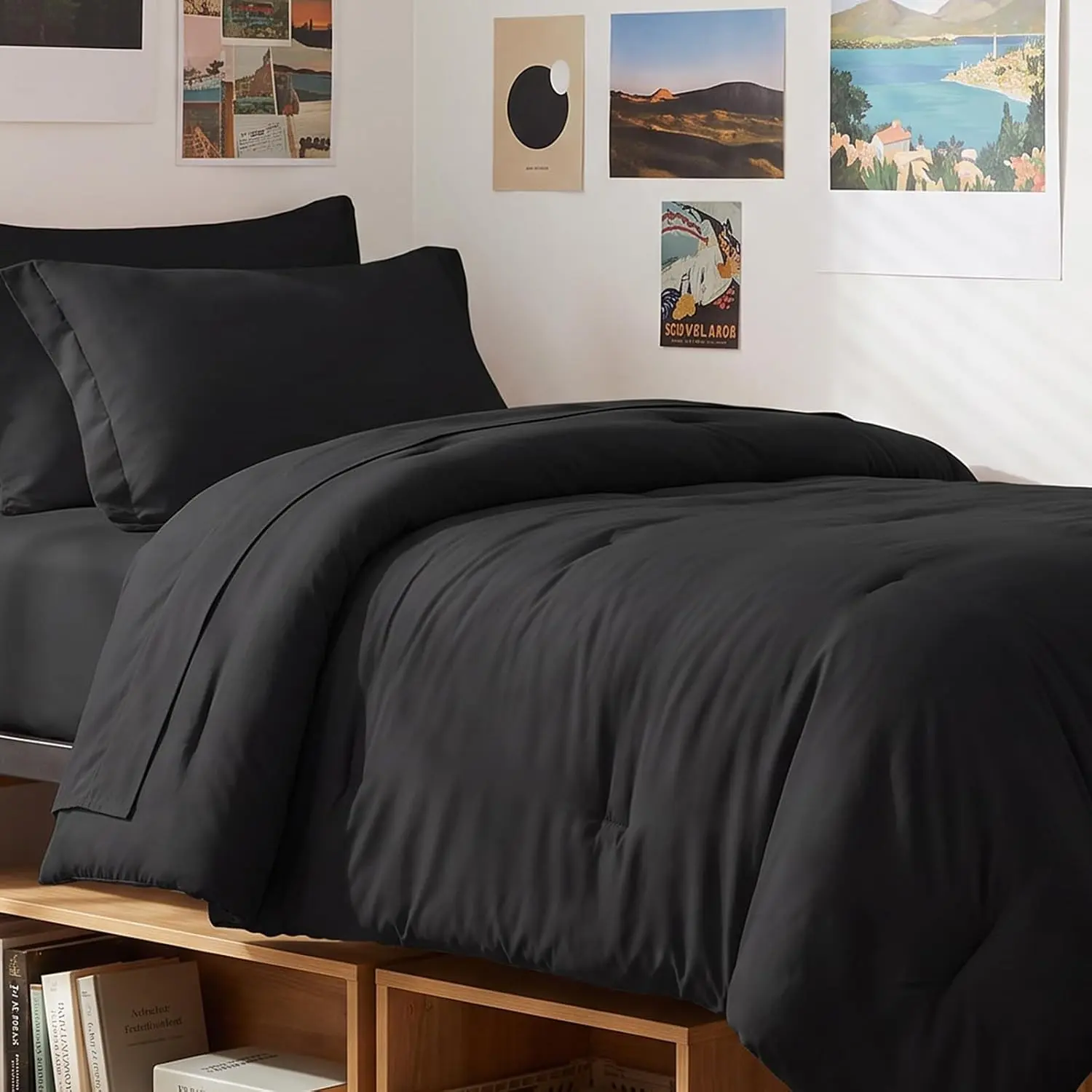 Twin XL Comforter Black, 5 Pieces Bed in a Bag | College Dorm Essentials, OKEO-TEX Certified, 240GSM Down Alternative Comforter, Flat & Fitted Sheets, Pillowcase & Sham, Bedding Set, Breathable, All-In-One
