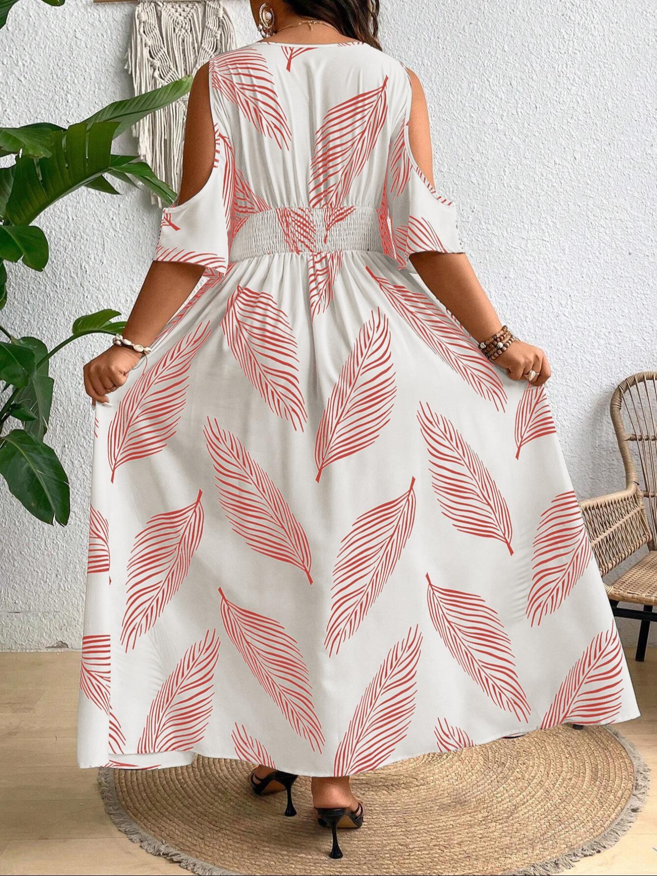【Plus Size】 All Over Print Split Hem Dress Casual Cold Shoulder Dress for Summer, Women's Clothes for Daily Wear, Boho Bohemian Style