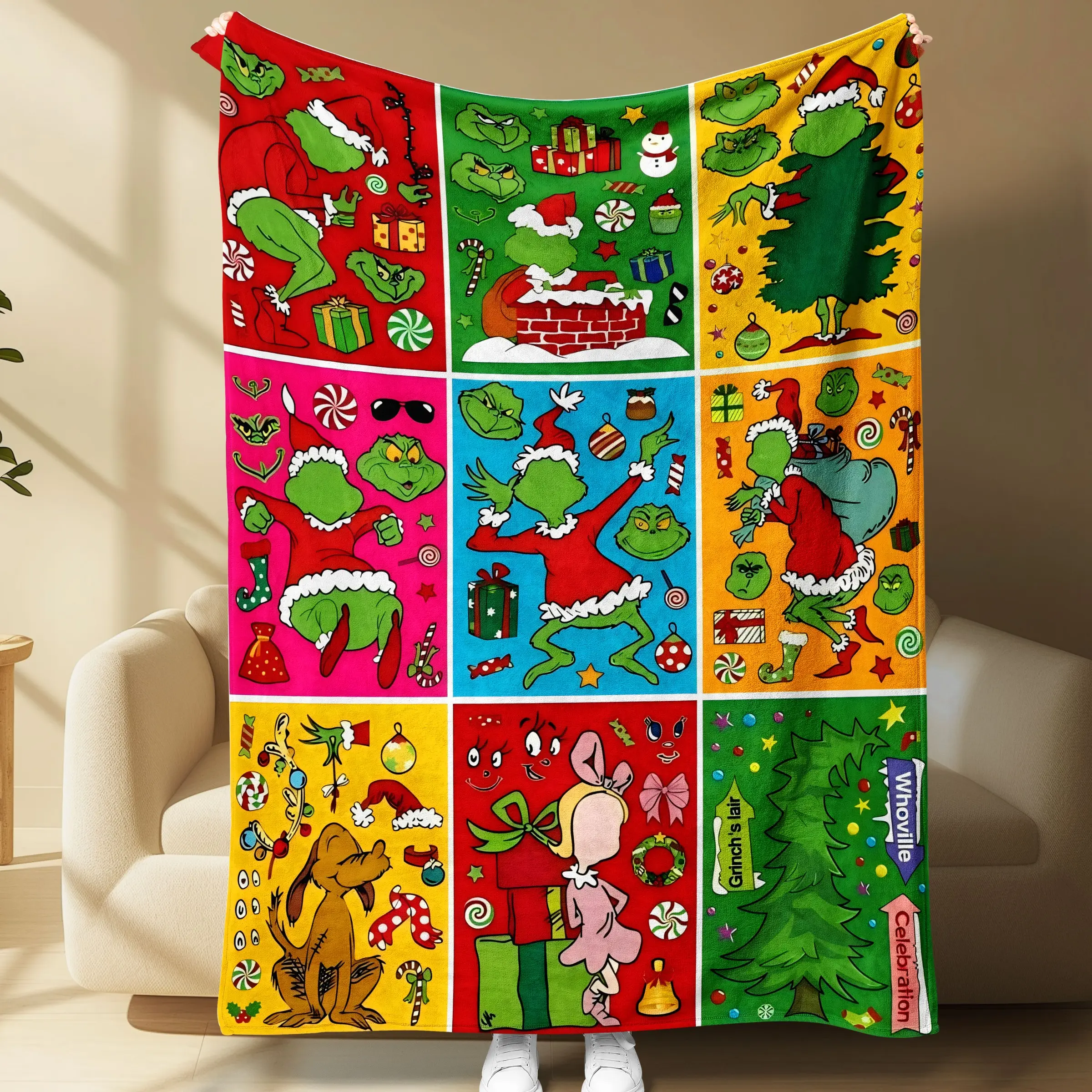 Monster Christmas Grid Patch Flannel Blanket, Fun Holiday Comic Panel Throw, Comfortable Bedroom Sofa Decor, Unique Birthday & Christmas Gift, Cartoon Flannel Blanket