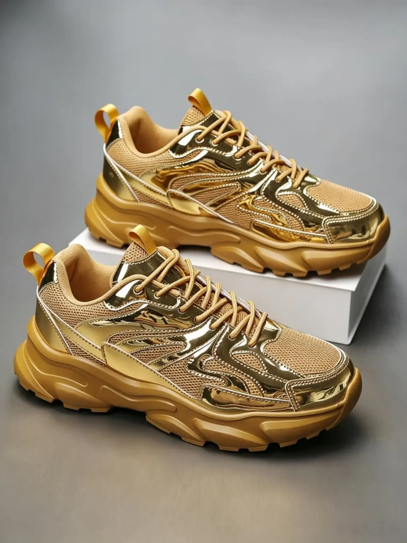 Men Shiny Metallic Gold Thick Sole Chunky Sneakers Mesh Breathable Anti-slip Sole Trendy Casual Commute Daily Sports Shoes