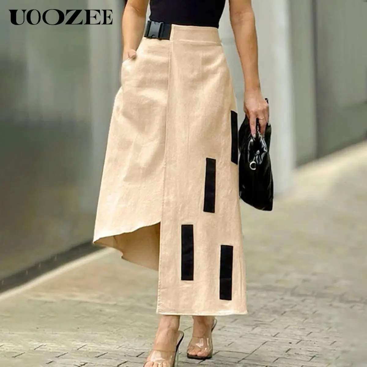 UOOZEE High Waisted Irregular Pure Cotton, Wrinkle-prone Hem Skirt, Contrasting Geometric Pattern Skirt, Slimming Women's Mid Length Skirt, Suitable for All Seasons, Daily Wear(Sizing Runs Small - Check Size Guide or Order Larger)