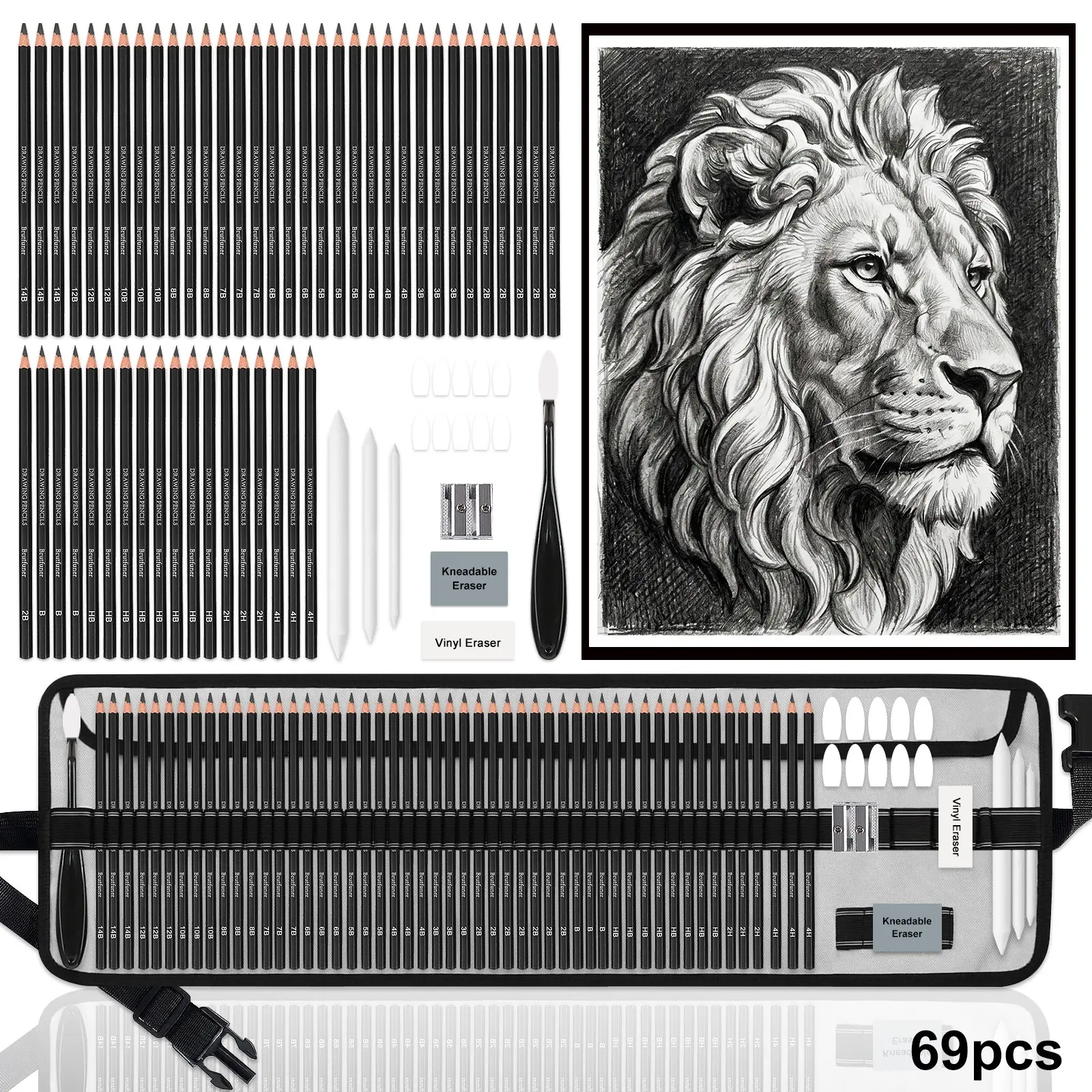 69 Drawing Set,Sketching Kit with Graphite Pencils,Blending Tools,Erasers & Accessories, Drawing Kit for Adults Artists in Canvas Roll Up