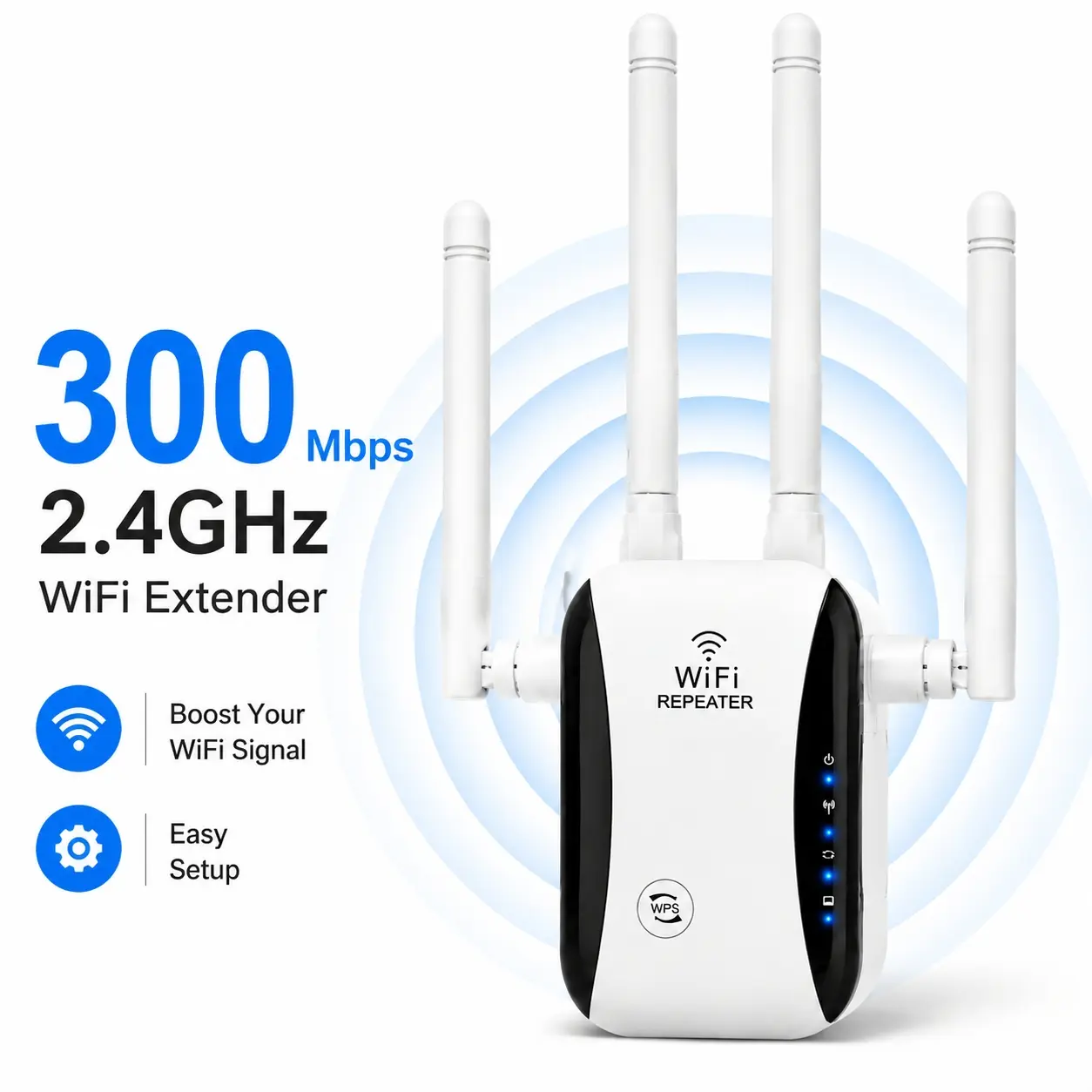 WiFi Extender WiFi Signal Booster, 2.4GHz 300Mbps Wireless Repeater for Large Home Coverage, Extend Internet Signal Up to 5000 Sq.Ft, 4 Antennas Design, Ethernet Port, Simple Setup for Bedroom Office