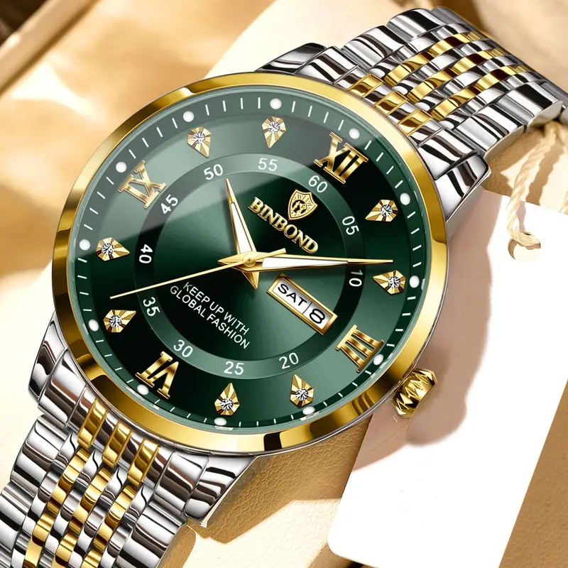 BINBOND B868 Fashion Business Watch Calendar Waterproof Diamond Roman Scale Dial Quartz Watches for Men, Quartz Analog Wristwatch, Fashion Watch for Party, Daily Clothing Decor, Watch for Birthday Gift, with Box, Diamond Wrist Watch