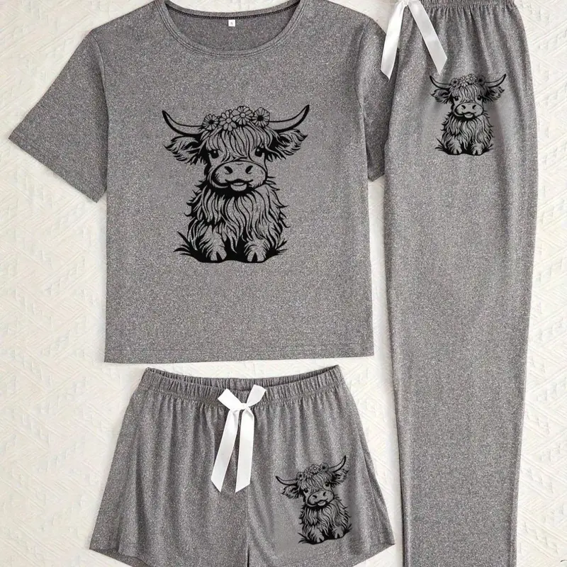 Women's Cow Print Tee & Short & Pants Pyjama Set, Casual Comfy Knit Round Neck Short Sleeve T-shirt & Trousers Set, Ladies Sleepwear Pajamas for All Seasons, Loungewear Shorts Sets, Nightwear Pajama Set